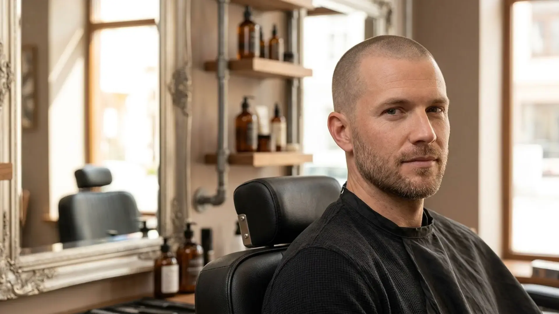 Man with shaved buzz cut haircut seated in barbershop chair with very short length and even scalp coverage