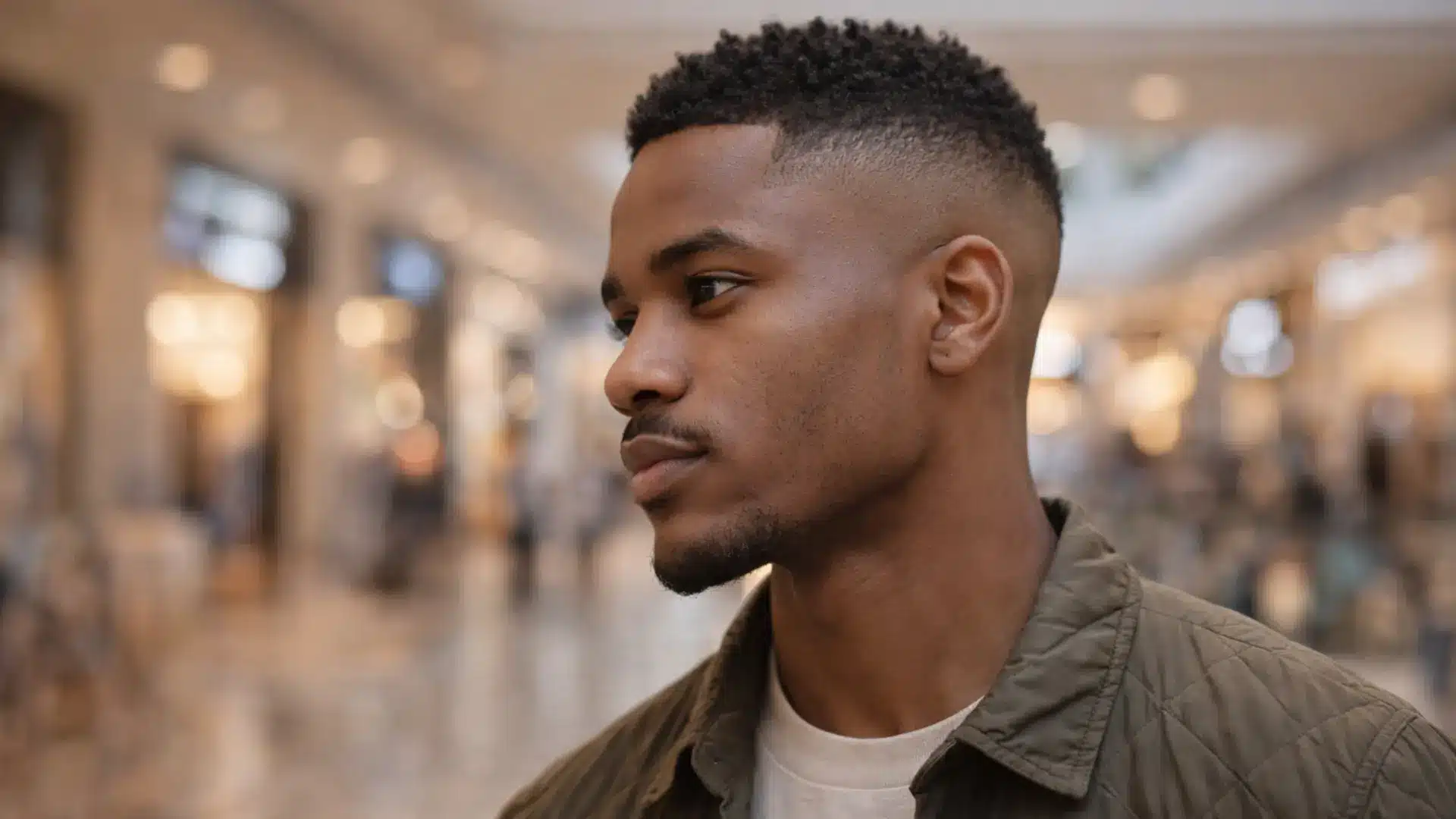 Man with textured buzz cut hairstyle with slightly longer top and faded sides in indoor shopping mall setting