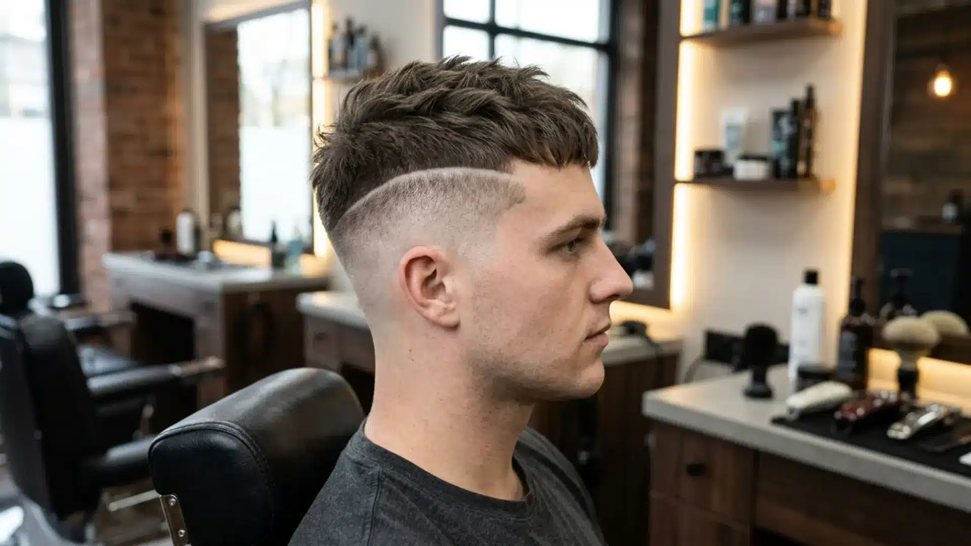 Man with textured crop high and tight haircut with hard part and faded sides seated in modern barbershop chair