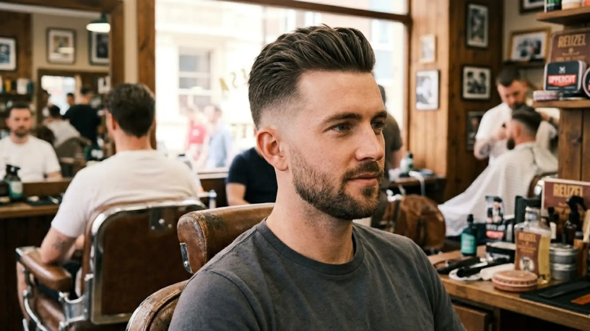 Man with textured quiff haircut and mid fade, neatly trimmed beard, sitting in vintage style barbershop setting