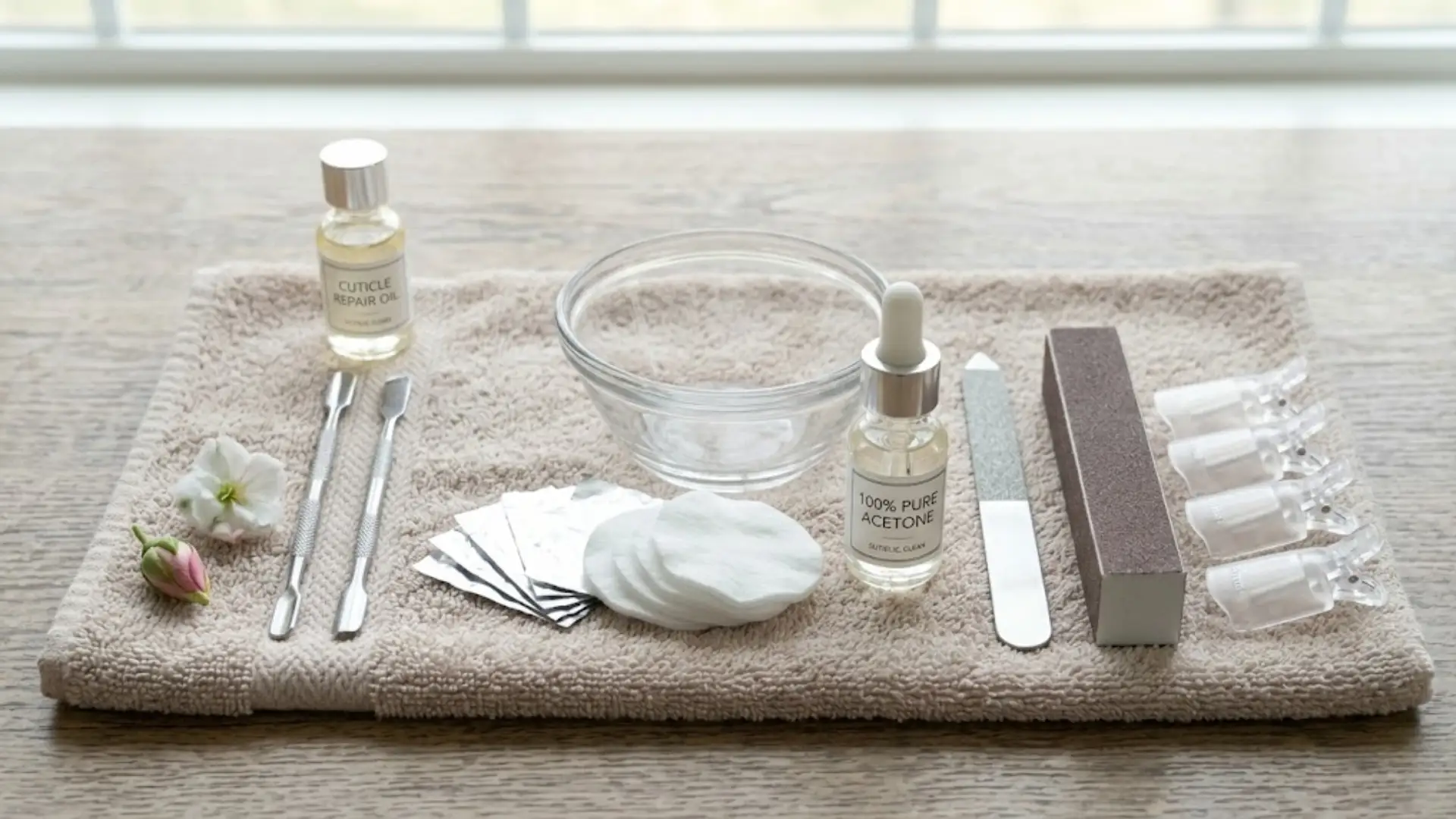 Manicure tools set with acetone, cotton pads, foil, nail files, cuticle tools, and bowl on towel