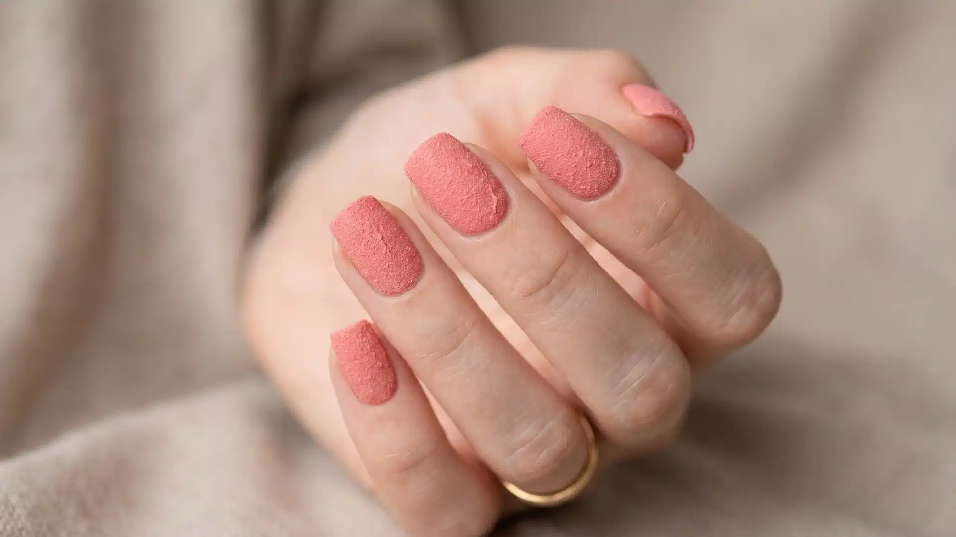 Matte coral textured nails with sandy finish on a soft neutral background