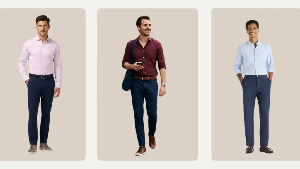 Men wearing navy blue pants with pink, burgundy, and light blue shirts in smart casual outfit combinations