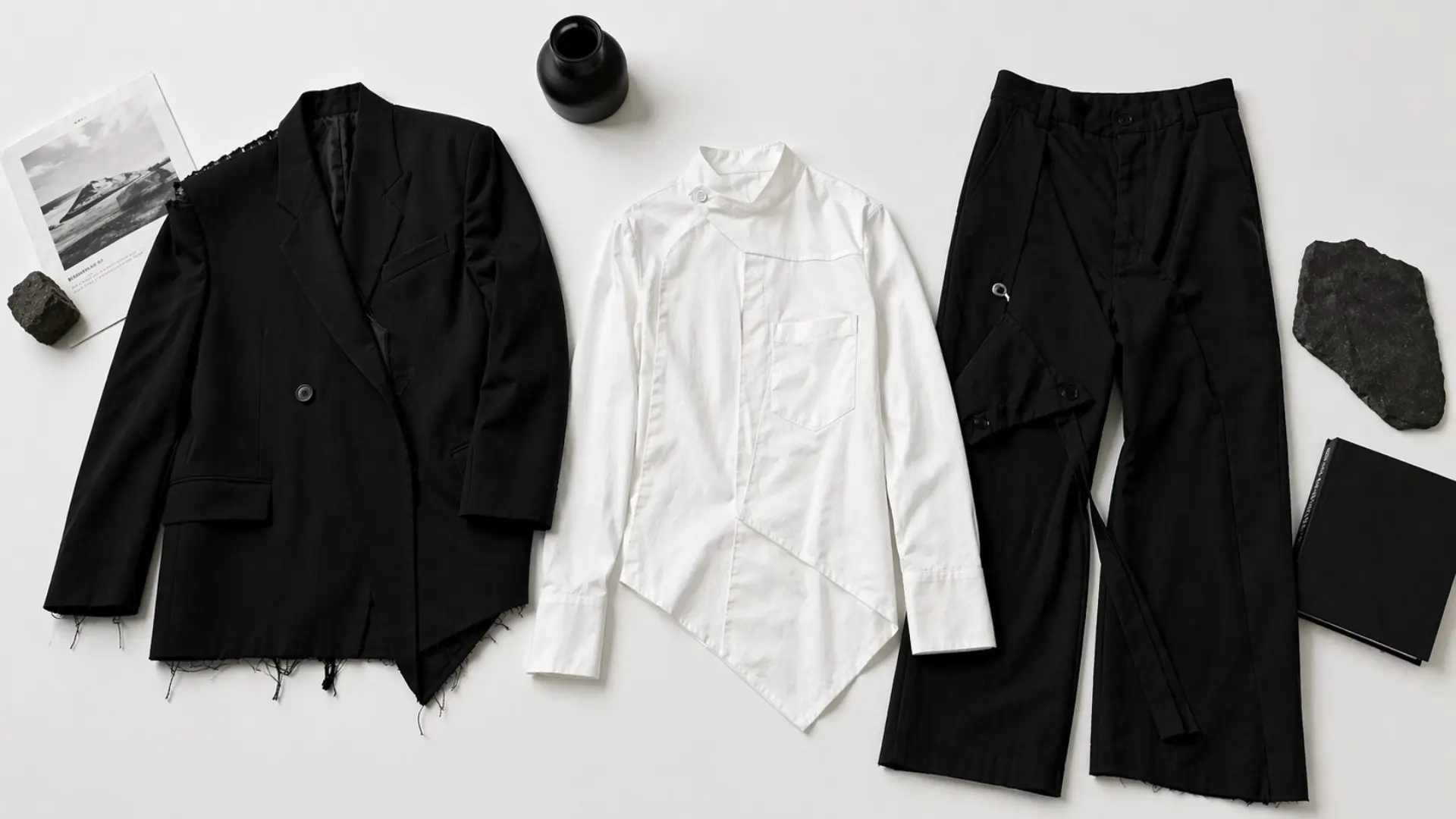Minimalist fashion flat lay with black blazer, white shirt and black pants arranged with accessories on clean background