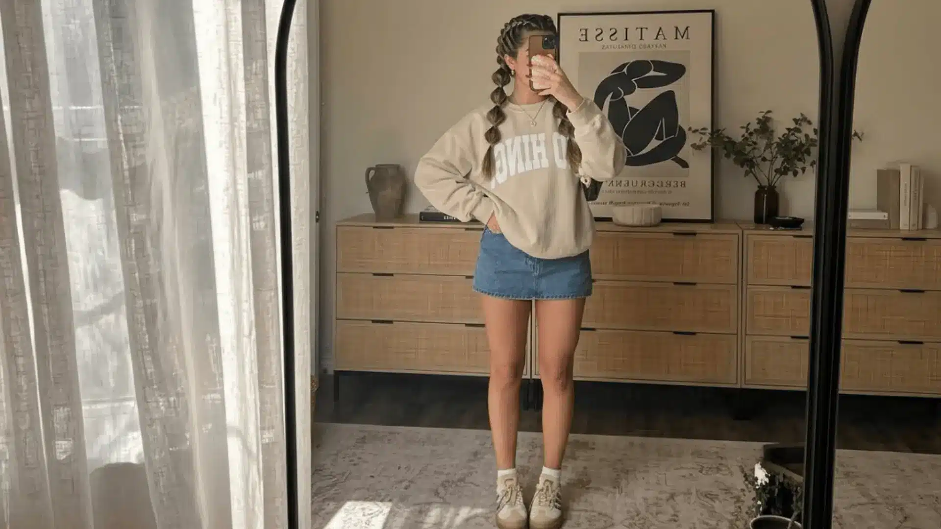Mirror selfie outfit with beige sweatshirt and denim mini skirt casual comfy aesthetic room setup