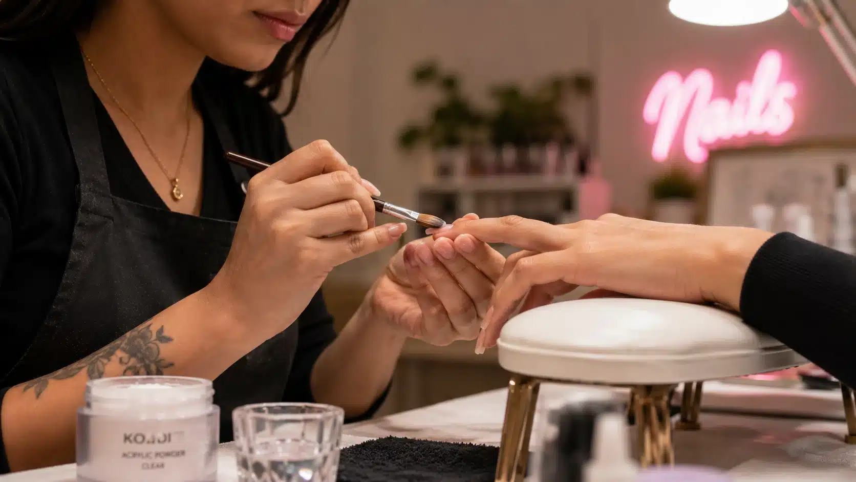 Nail technician applying acrylic nails at a salon station using professional tools