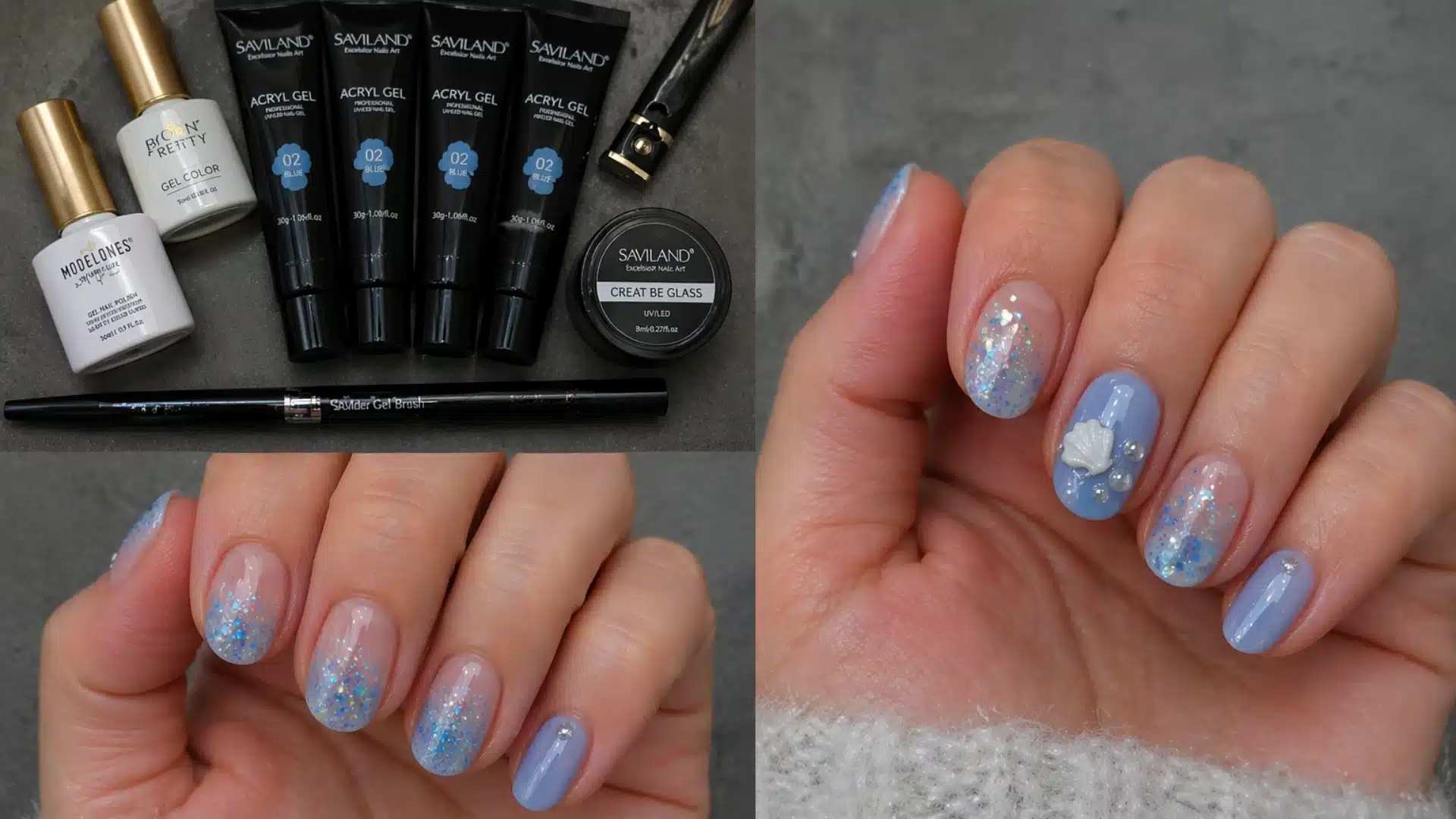 Natural length nails with soft blue shades and light sparkle, styled with nail supplies in a flat lay setup