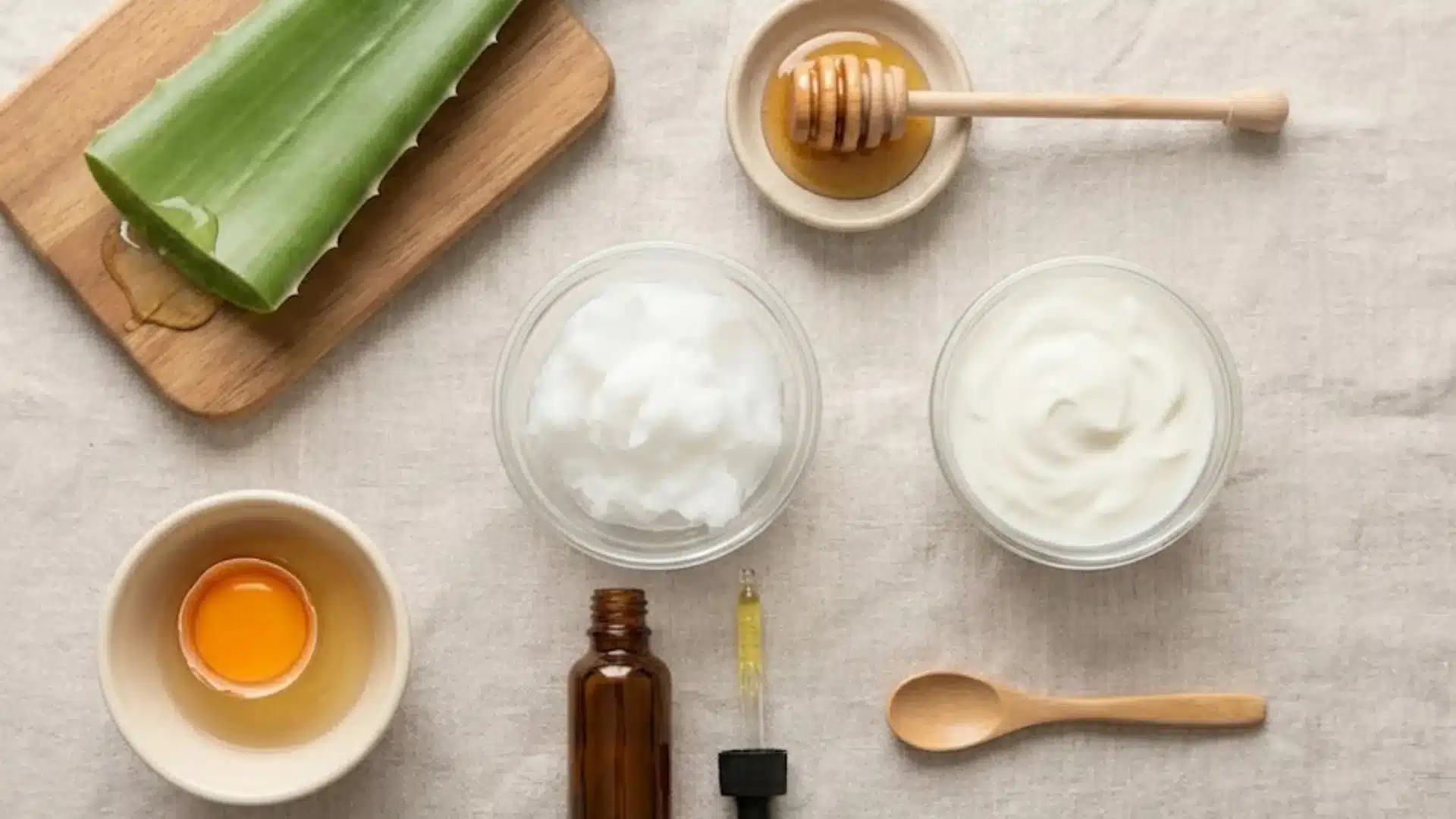 Natural Skincare Kit featuring Aloe Honey Oil Yogurt and Egg on Linen