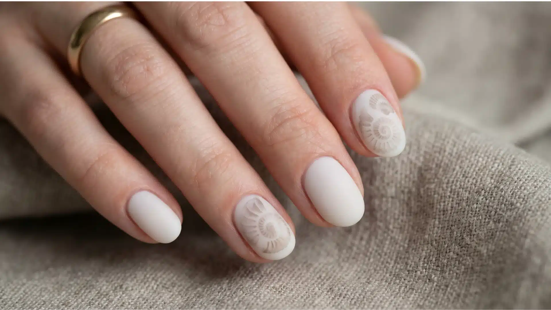 Pale matte nails with subtle ammonite fossil imprint accent design
