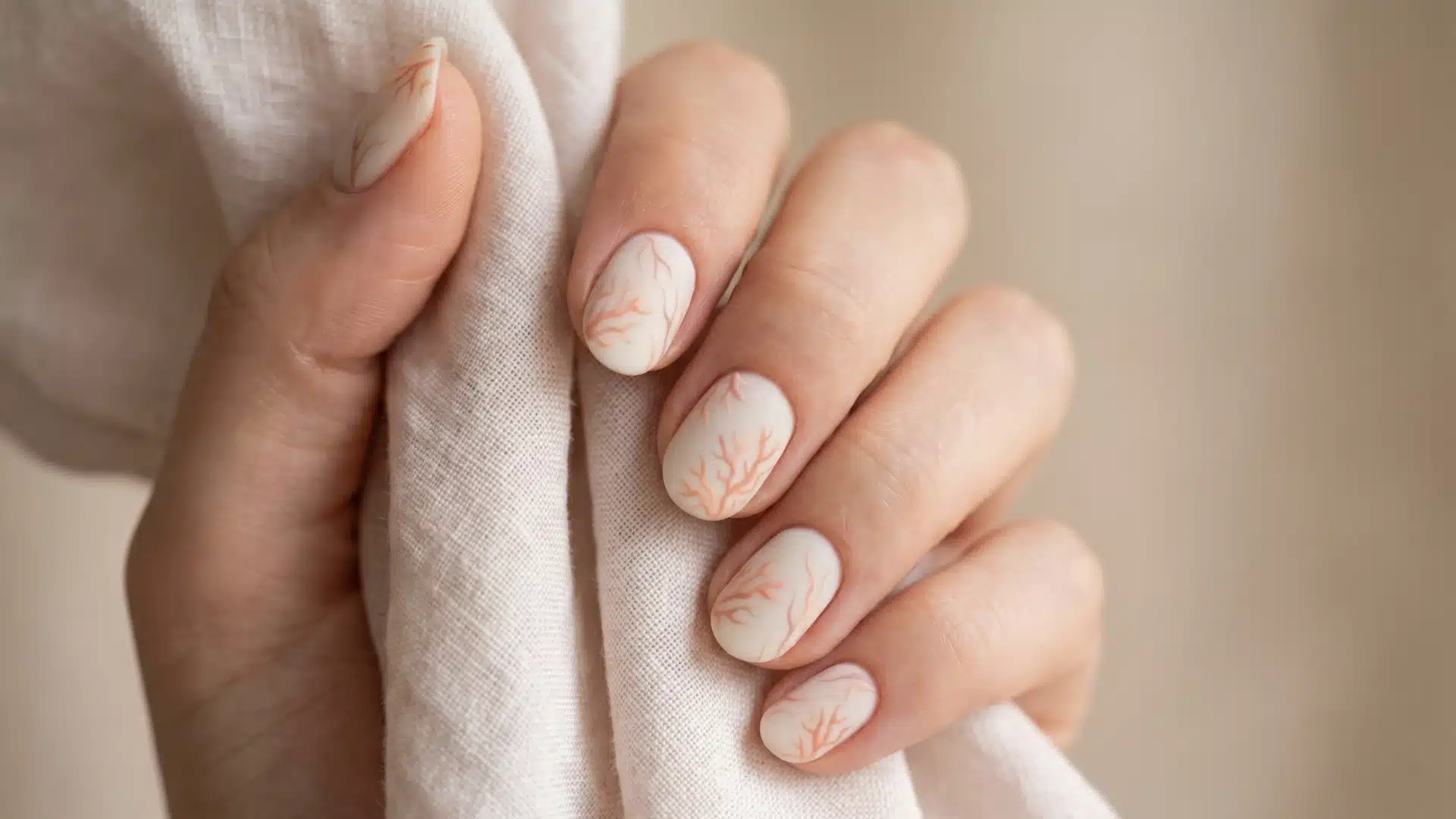 Pale pink nails with delicate coral branch patterns on a soft fabric background