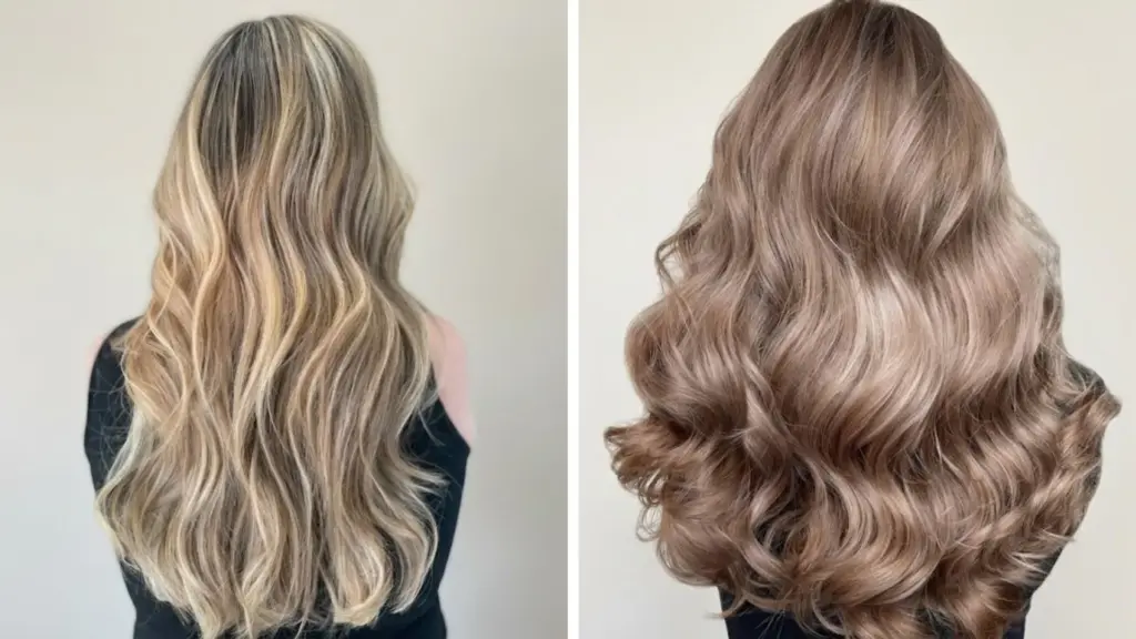 Partial highlights beside full dimensional highlights on long wavy hair styles