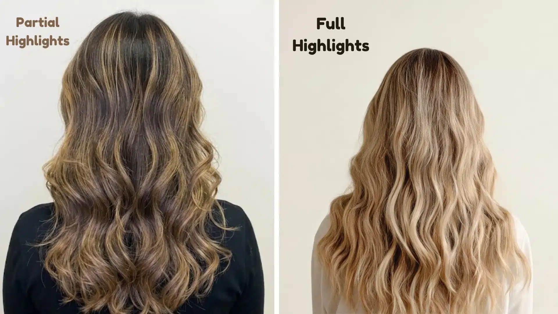 Partial vs full highlights comparison showing soft brunette dimension versus brighter blonde coverage