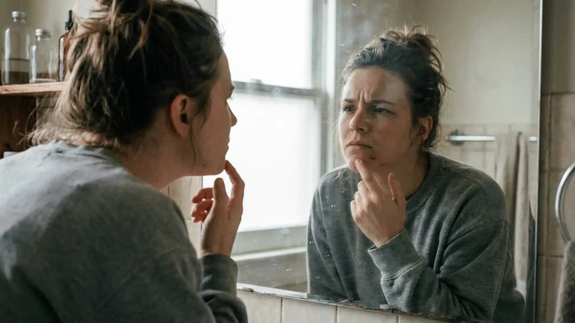 Person touching pimple while looking in mirror in natural bathroom lighting