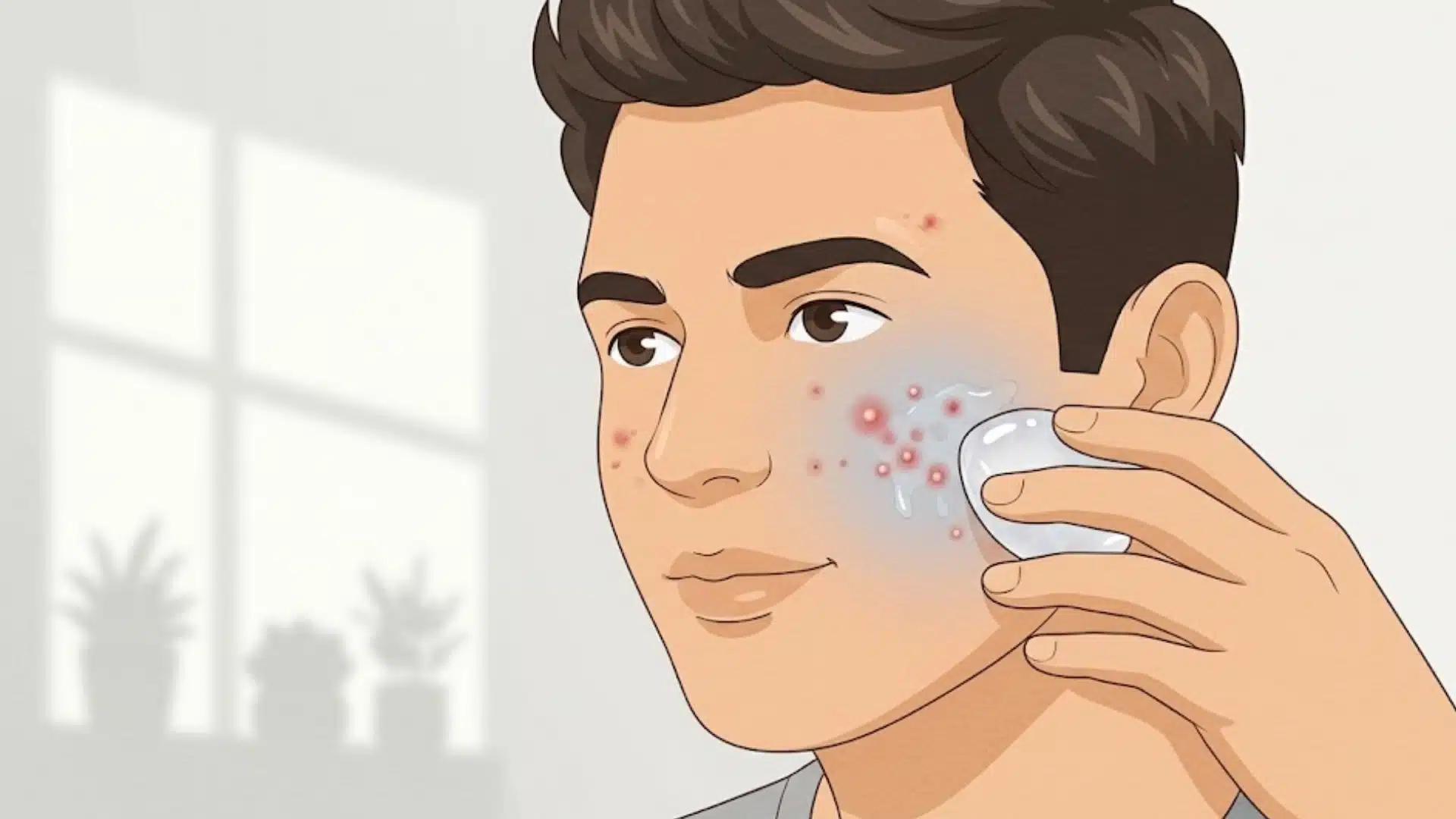Person using ice on facial pimples to reduce redness and swelling during a skincare routine at home