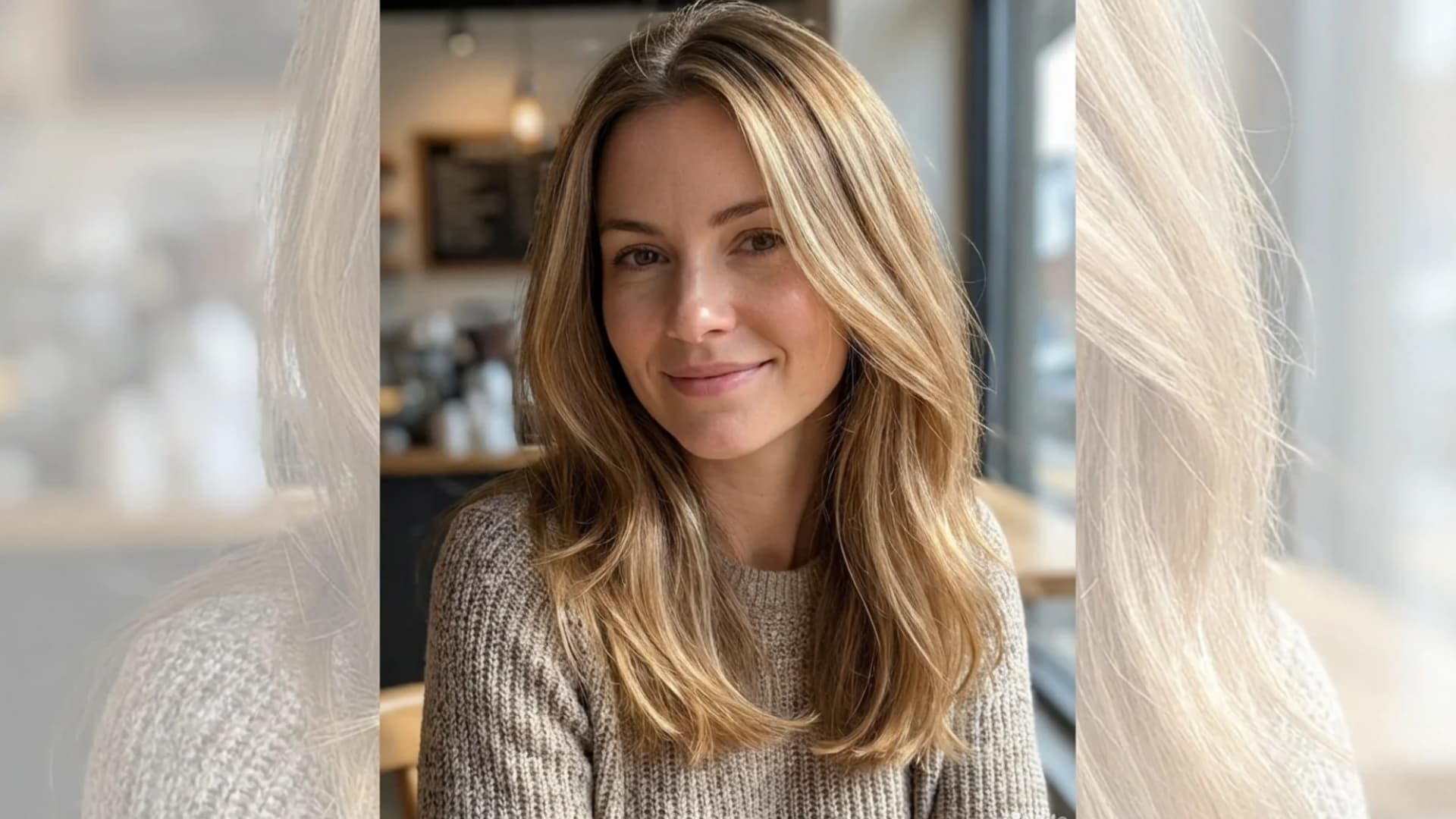 Portrait of a woman with babylights, ultra fine delicate highlights softly blended throughout the hair, subtle all-over brightness