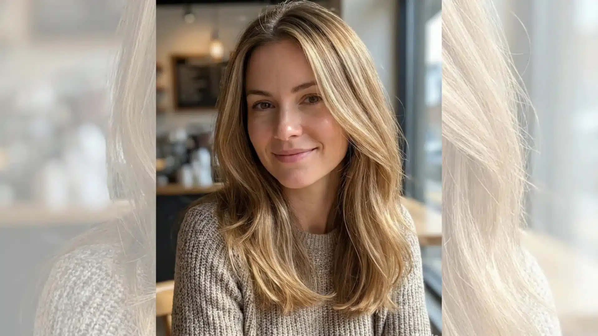 Portrait of a woman with babylights, ultra fine delicate highlights softly blended throughout the hair, subtle all-over brightness