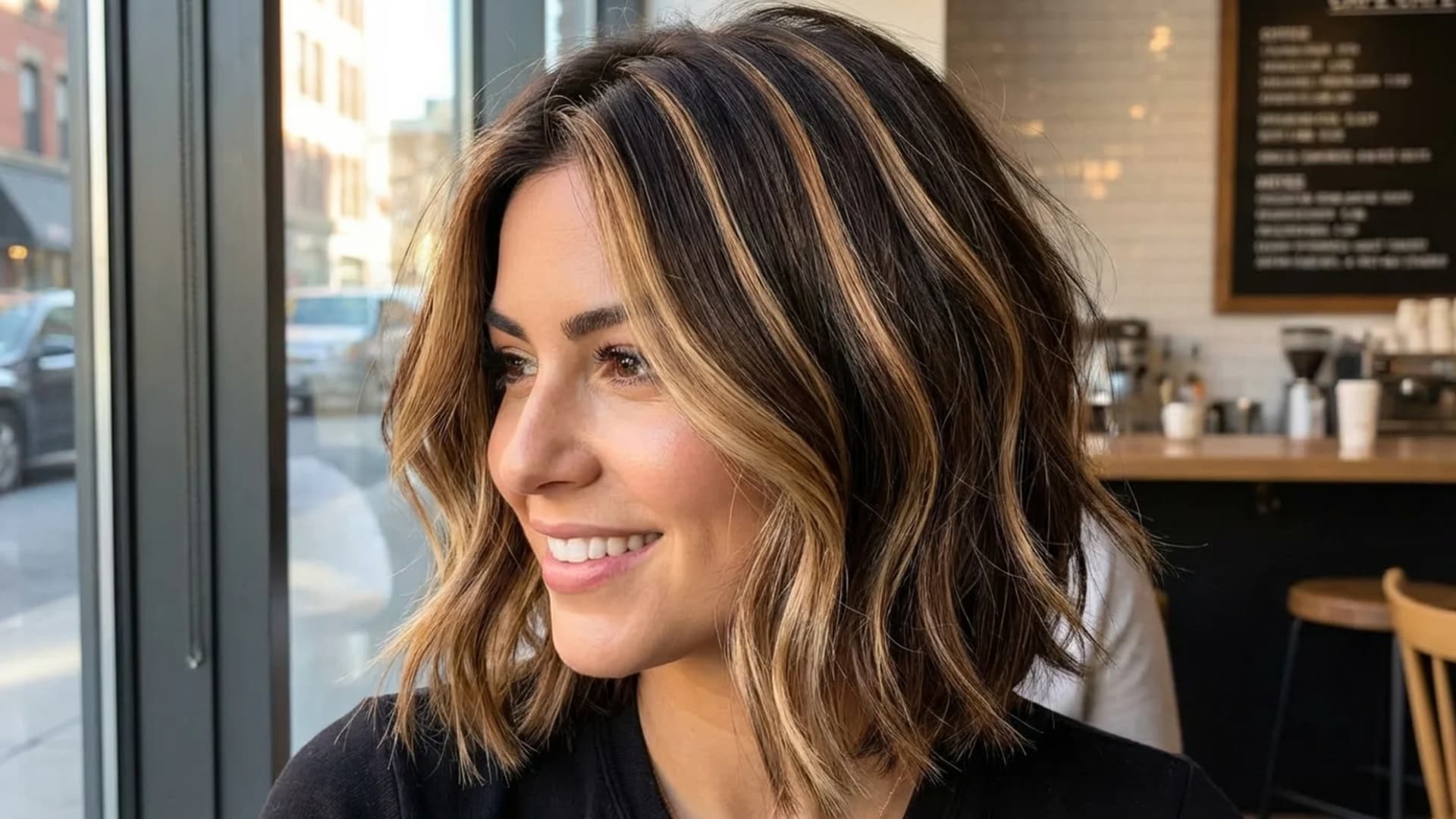 Portrait of a woman with chunky highlights, thick sections of lighter color clearly visible against darker base hair, high contrast