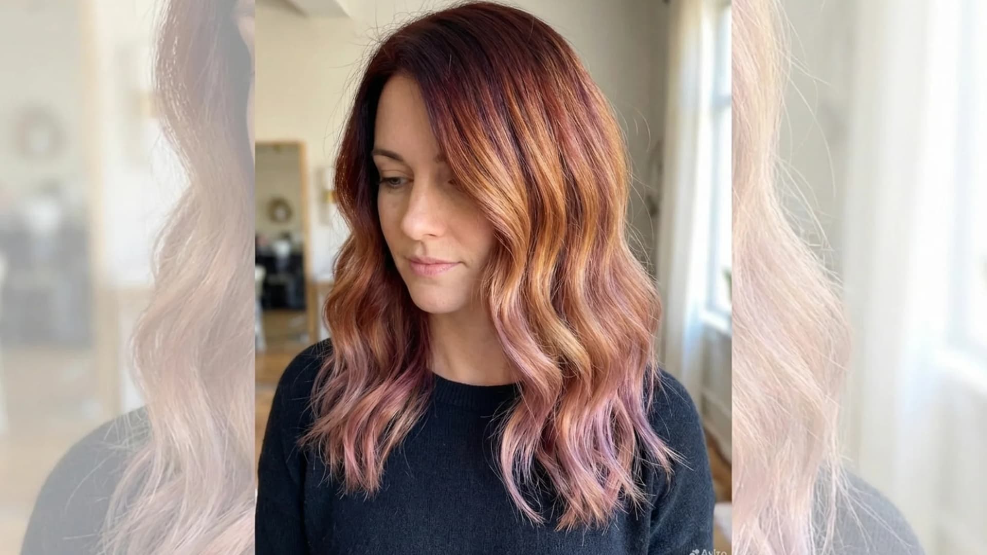 Portrait of a woman with color melted hair, multiple shades blended seamlessly from roots to ends, no harsh lines