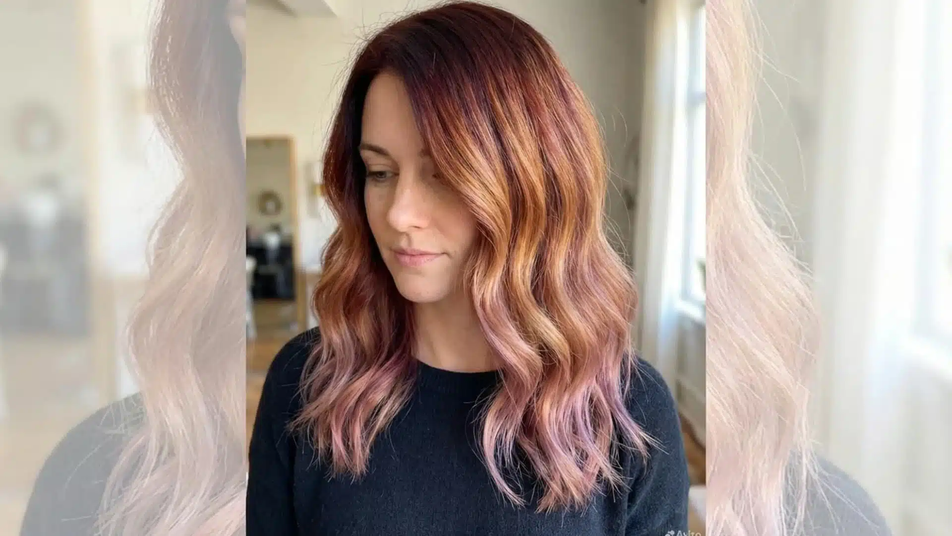Portrait of a woman with color melted hair, multiple shades blended seamlessly from roots to ends, no harsh lines
