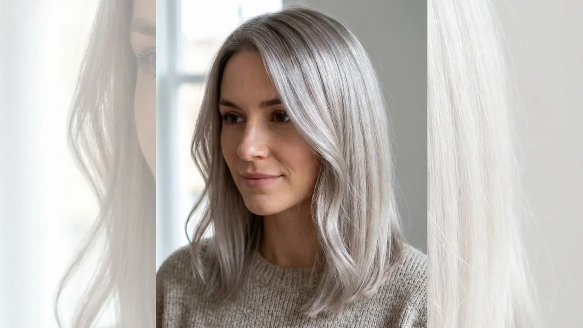 Portrait of a woman with freshly toned blonde hair, cool balanced tone, no yellow or brassy undertones