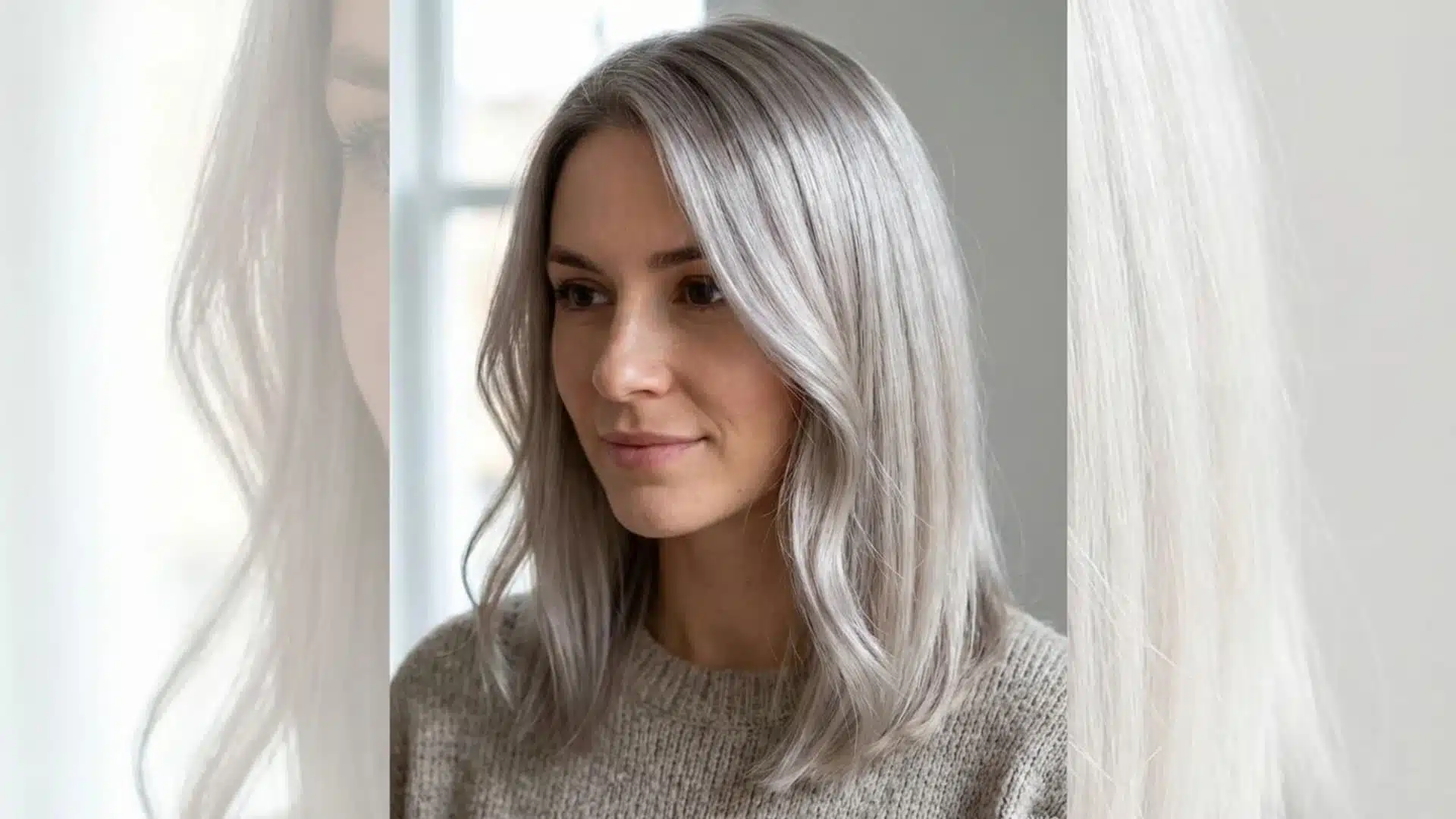 Portrait of a woman with freshly toned blonde hair, cool balanced tone, no yellow or brassy undertones