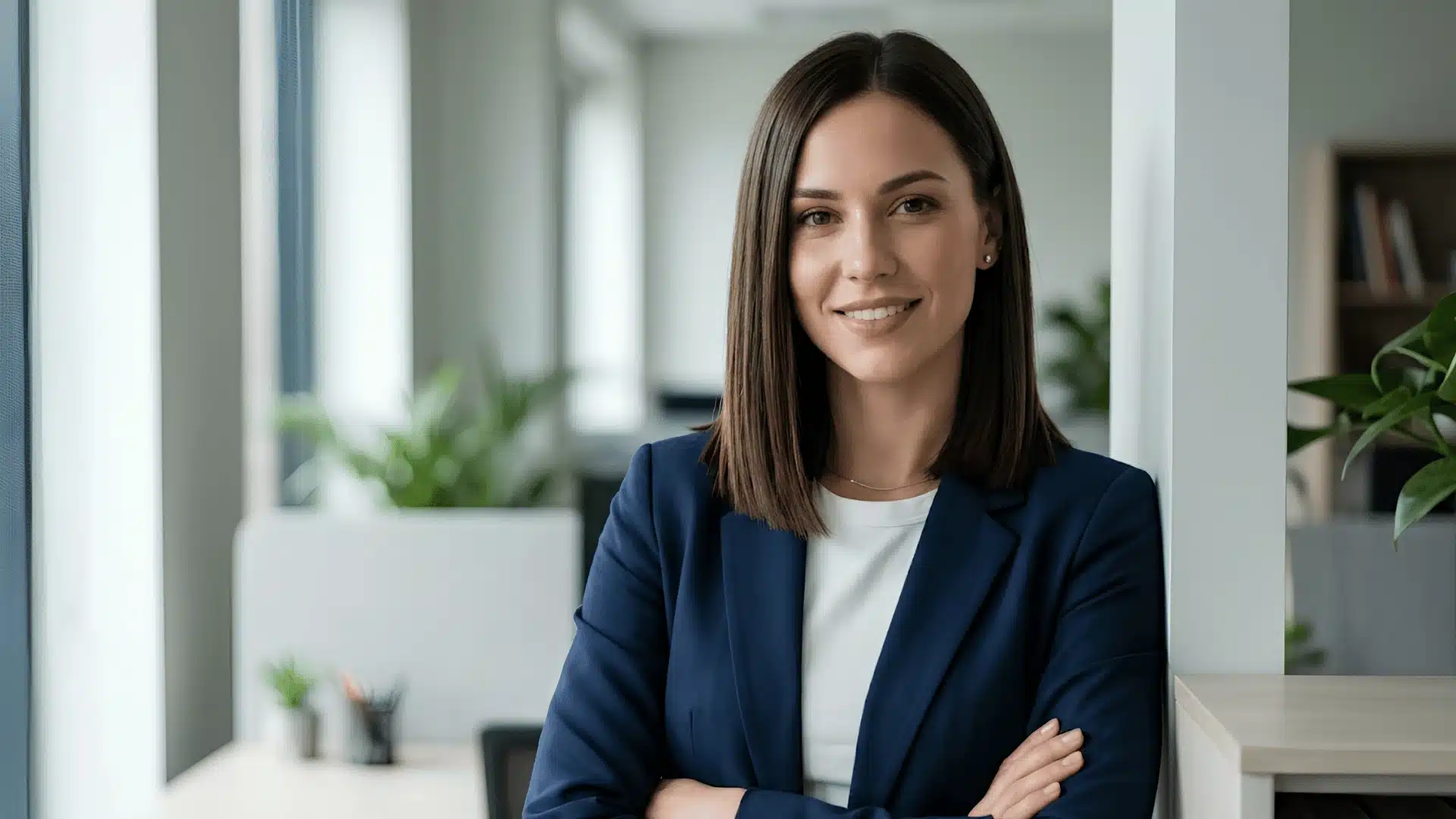 Portrait of a woman with long, sleek middle-parted hair wearing a black blazer