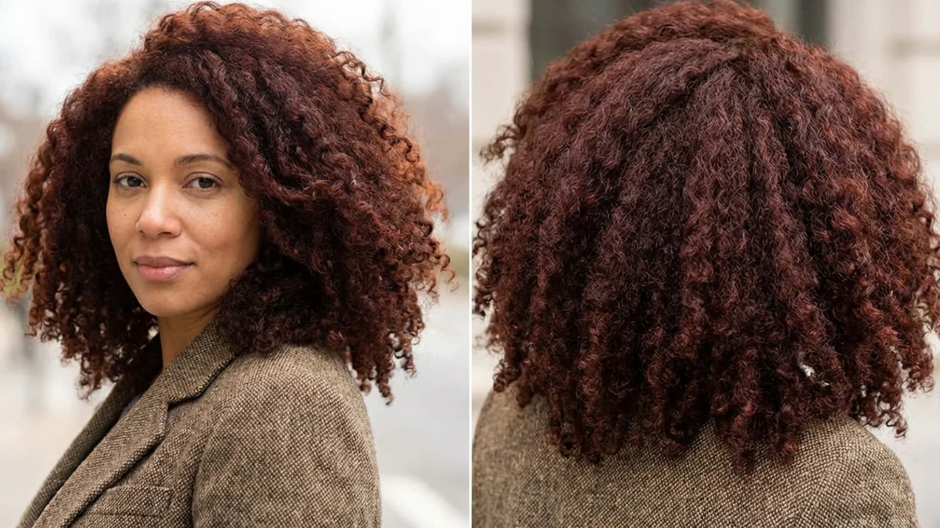 Portrait of a woman with naturally colored hair using henna, rich warm tones, smooth even color coating the hair, healthy thick texture