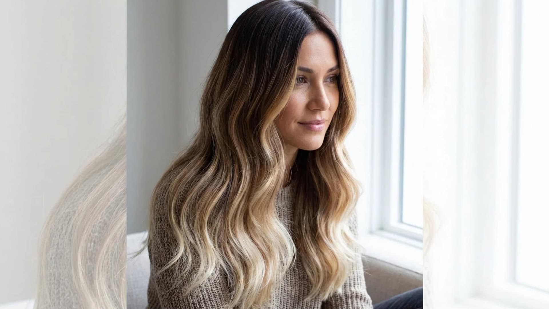 Portrait of a woman with ombré hair, dark roots transitioning into much lighter ends, visible gradient effect, clear contrast between top and bottom (1)