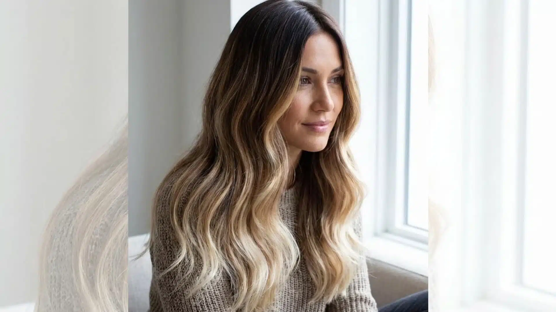 Portrait of a woman with ombré hair, dark roots transitioning into much lighter ends, visible gradient effect, clear contrast between top and bottom (1)