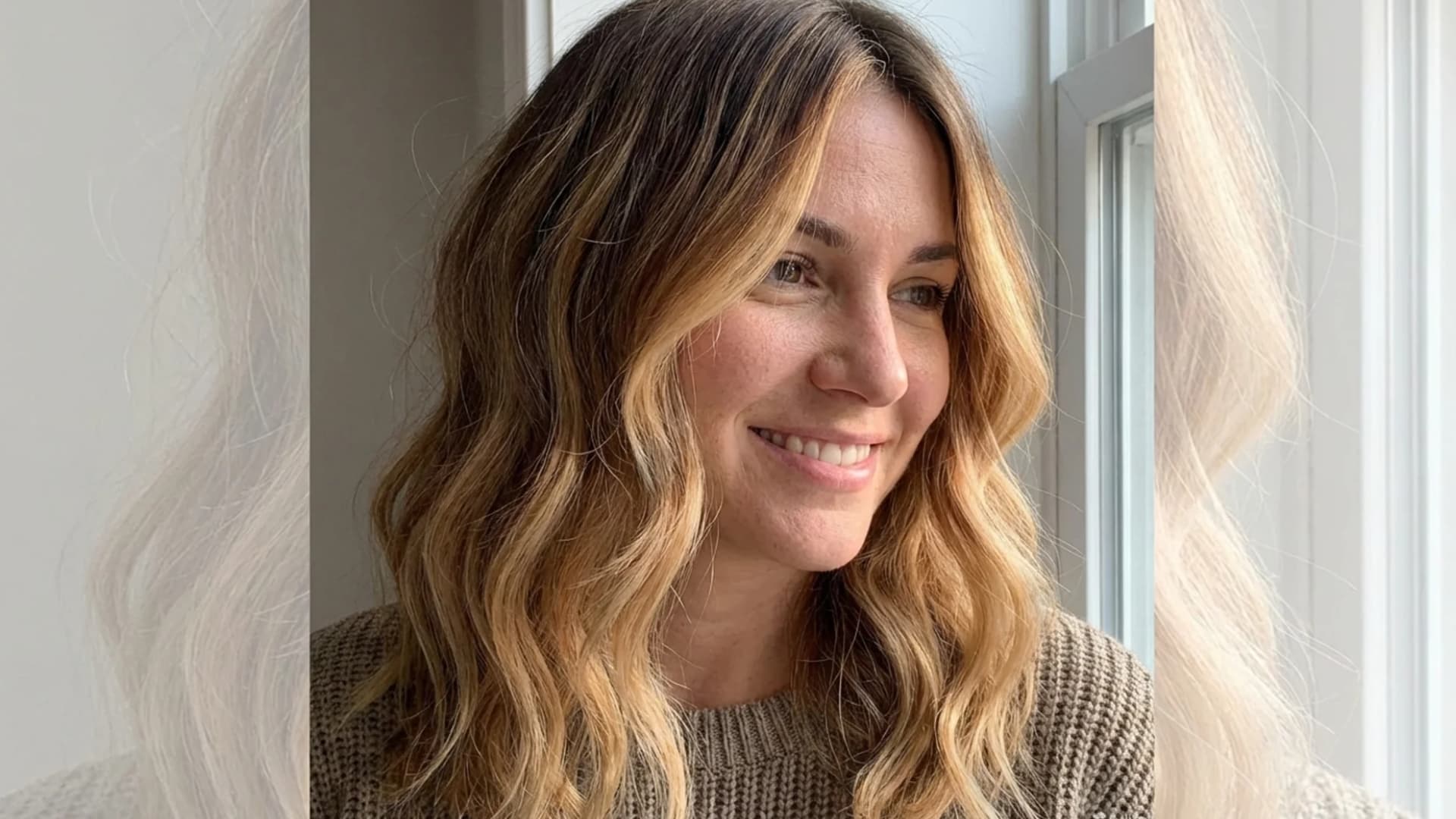Portrait of a woman with soft balayage hair, seamless blend from darker roots to lighter mid-lengths and ends, natural gradient effect