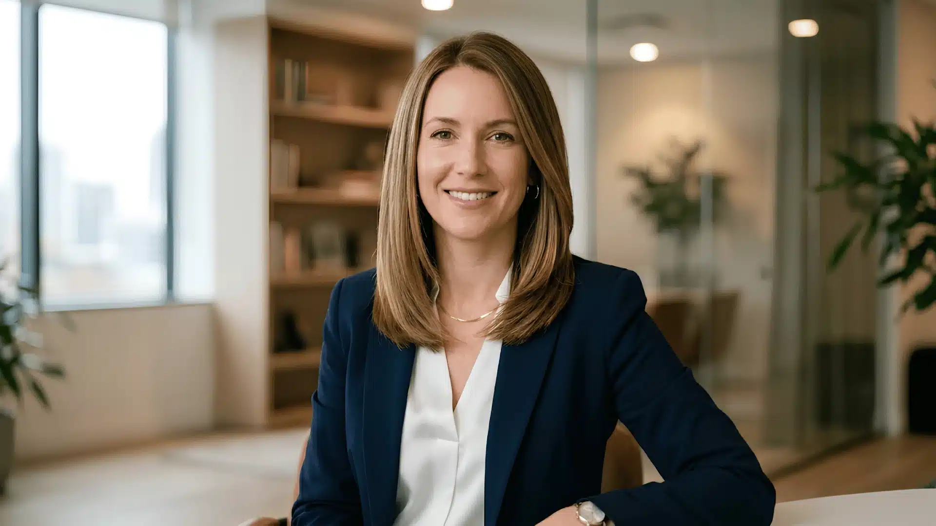 Portrait of a woman with straight, shoulder-length blonde hair in a blue blazer