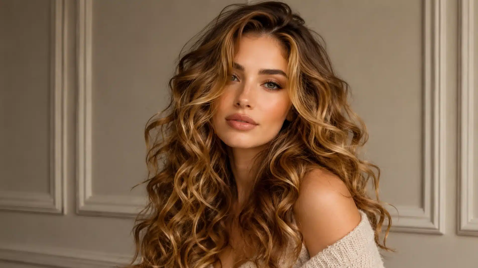 Portrait of a woman with voluminous, wavy honey-blonde hair and soft makeup posing against a paneled wall