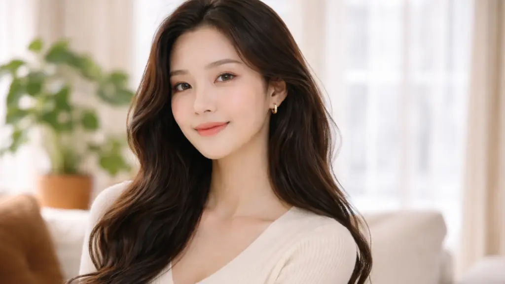 Portrait of Korean woman with long wavy hair, clear glowing skin, soft makeup, and natural indoor background reflecting Korean beauty standards