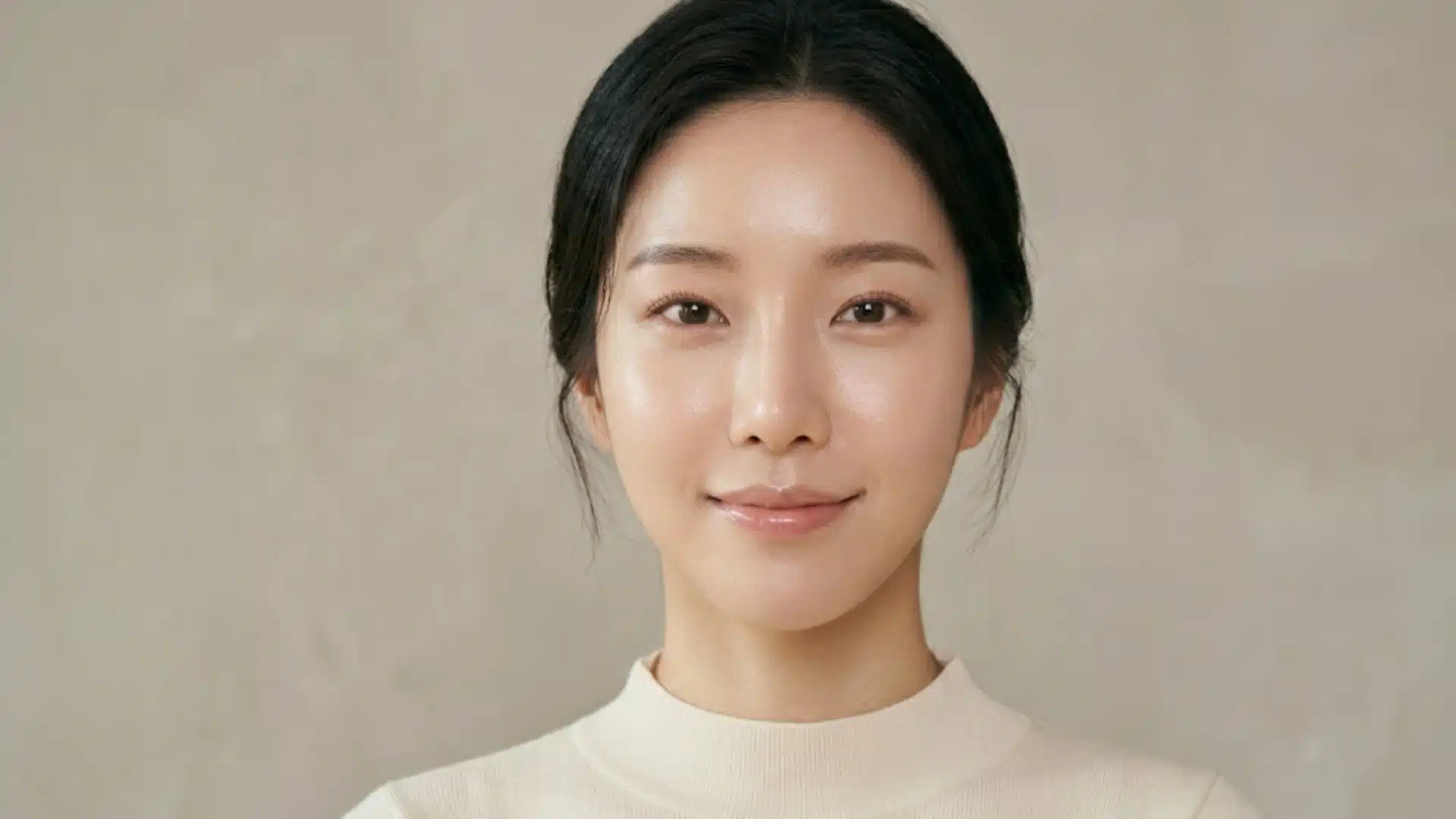 Portrait of woman with smooth glass skin, even tone, soft features, and natural makeup highlighting Korean beauty standards