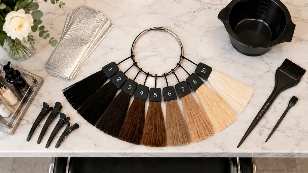 Professional hair color chart swatch ring showing levels 1 to 10 from black to blonde
