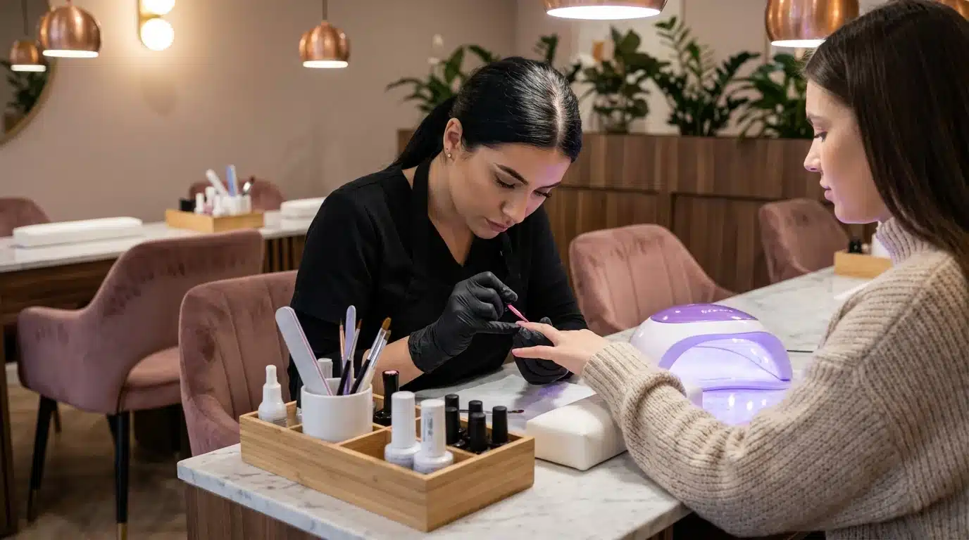 Professional manicurist in black gloves applying polish to a client's nails in a modern, well-lit beauty salon.