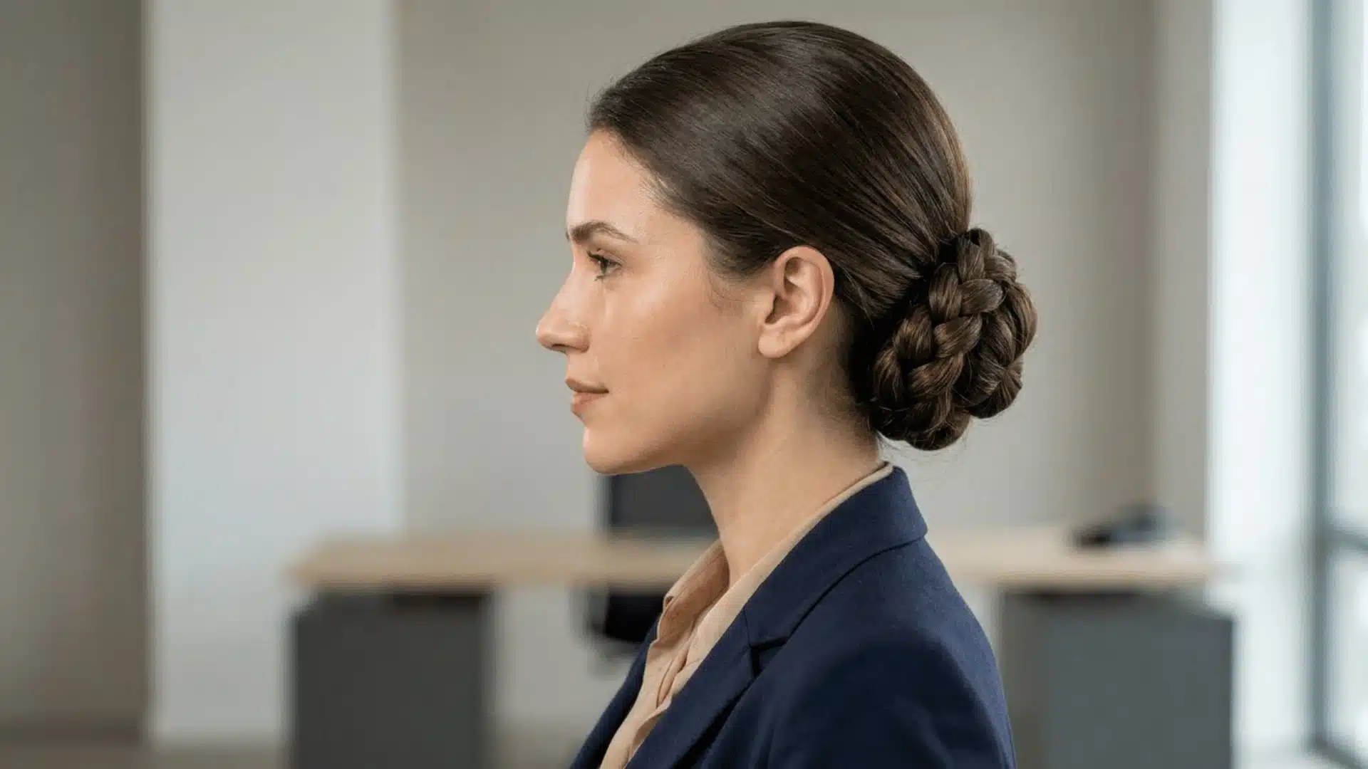 Professional woman with braided bun in office profile portrait with soft natural lighting