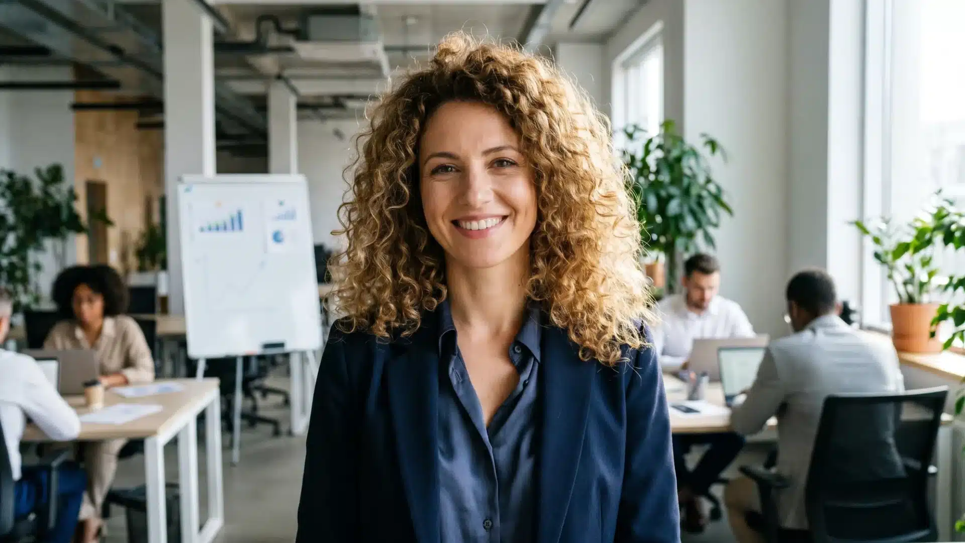 Professional woman with curly hair smiling confidently in modern office workspace with coworkers behind
