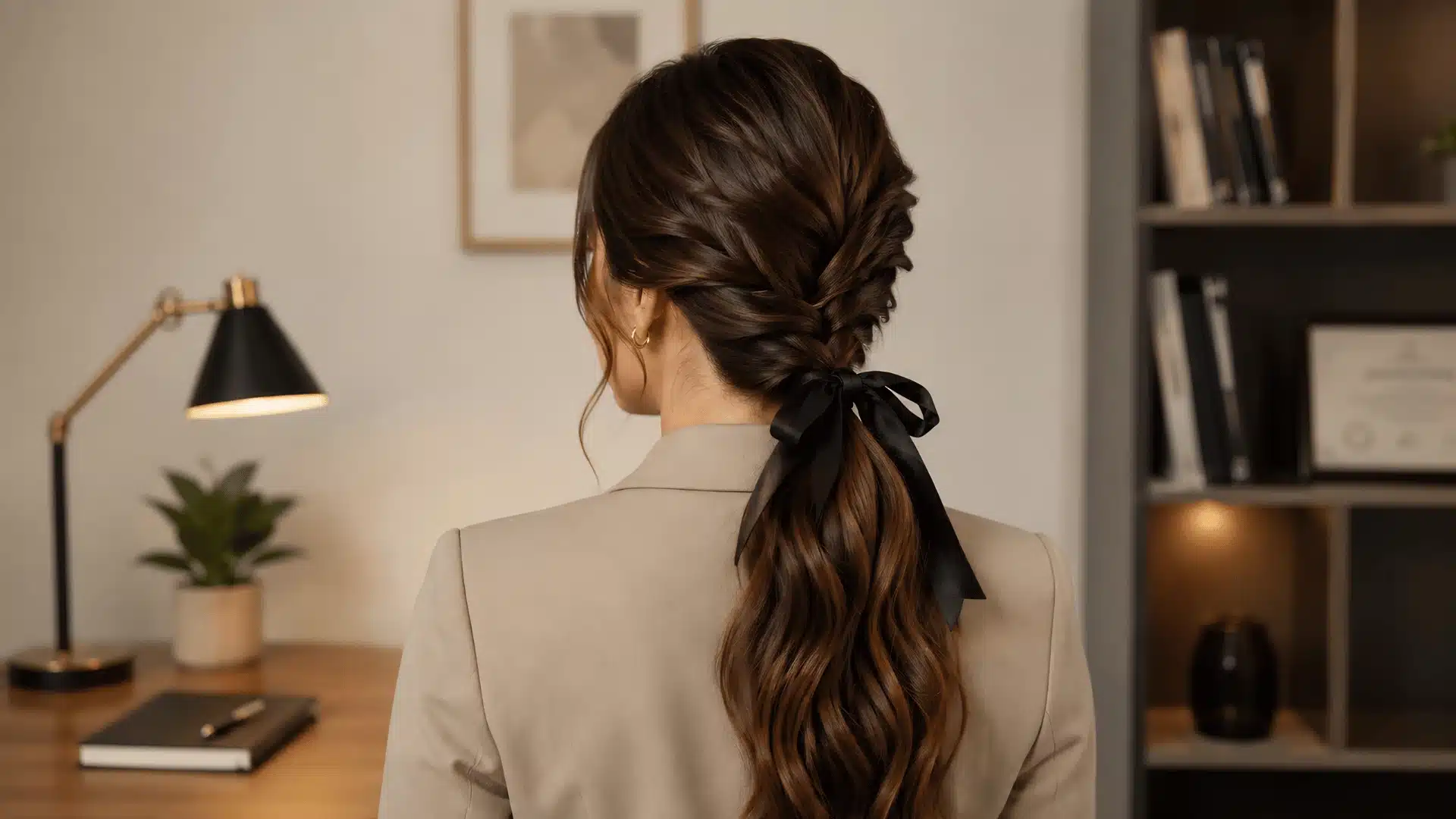 Profile of a woman with a sleek, low bun and loose strands in a professional office