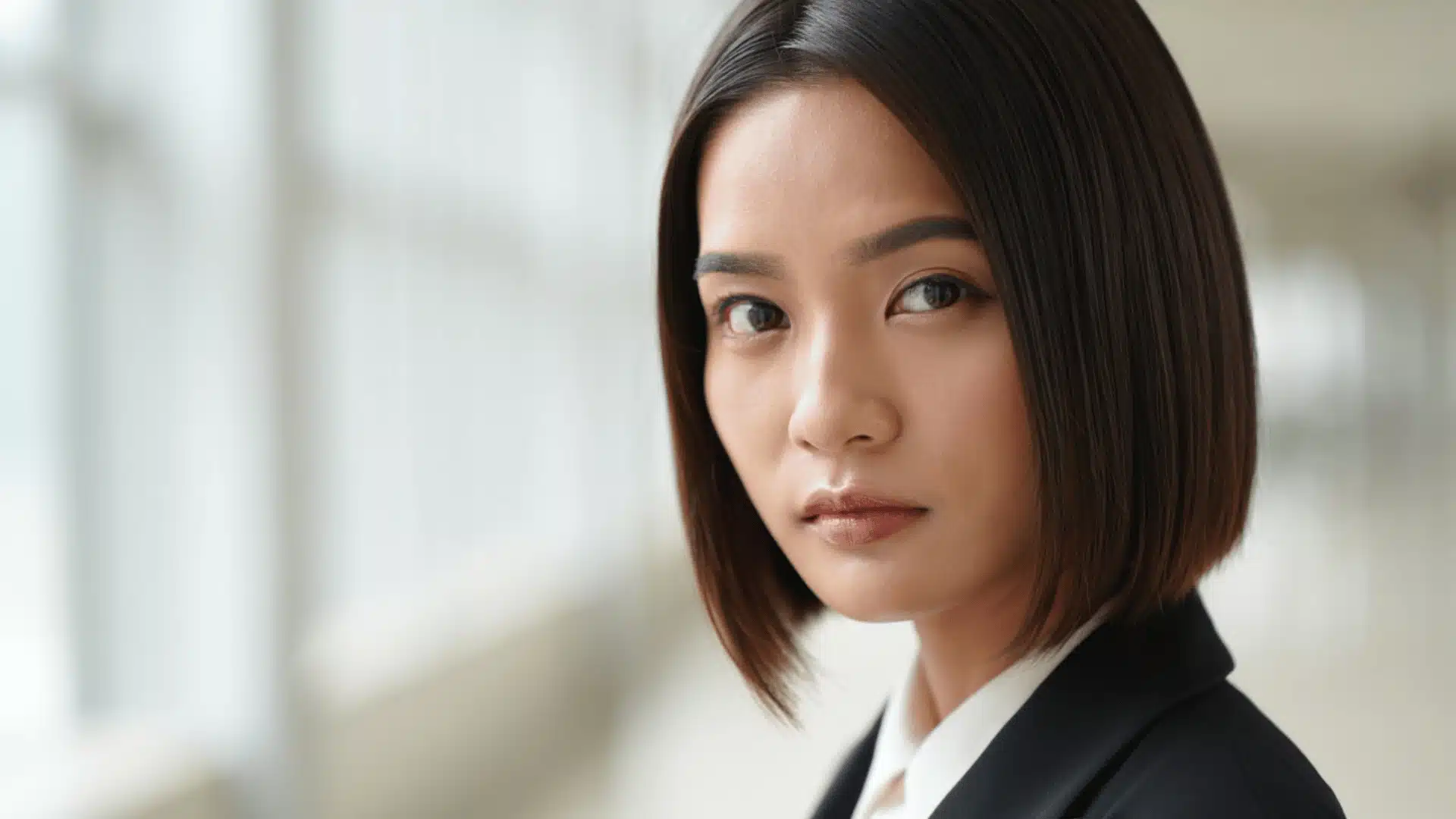 Profile of a woman with a sleek, middle-parted low bun wearing a tan blazer