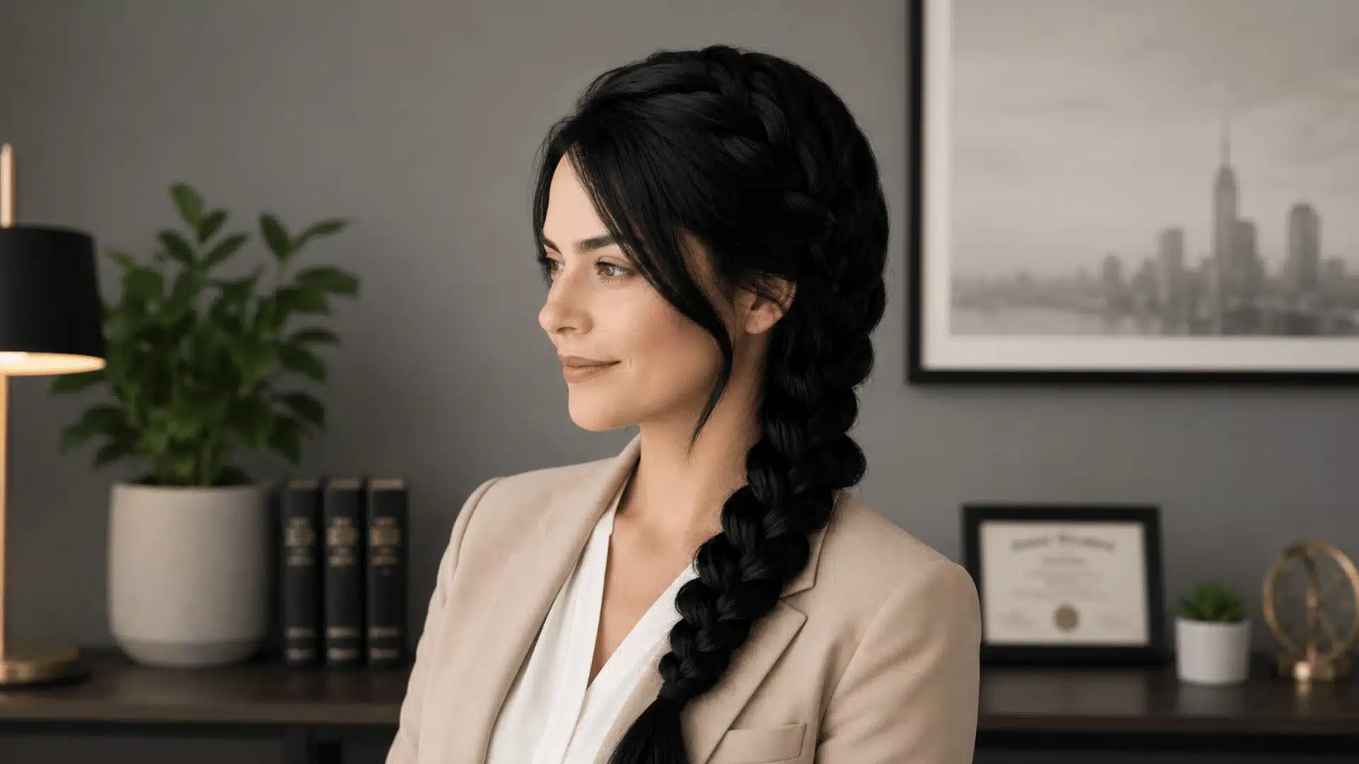 Profile of a woman with a thick, side-swept black braid in a light-colored blazer