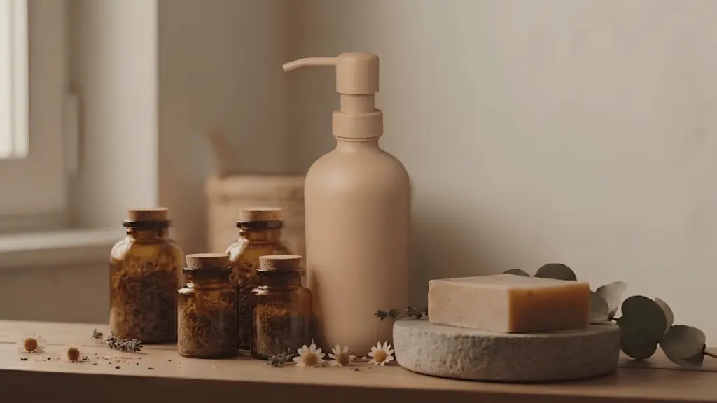 Pump bottle of homemade lotion on a bathroom shelf next to glass jars and dried botanicals
