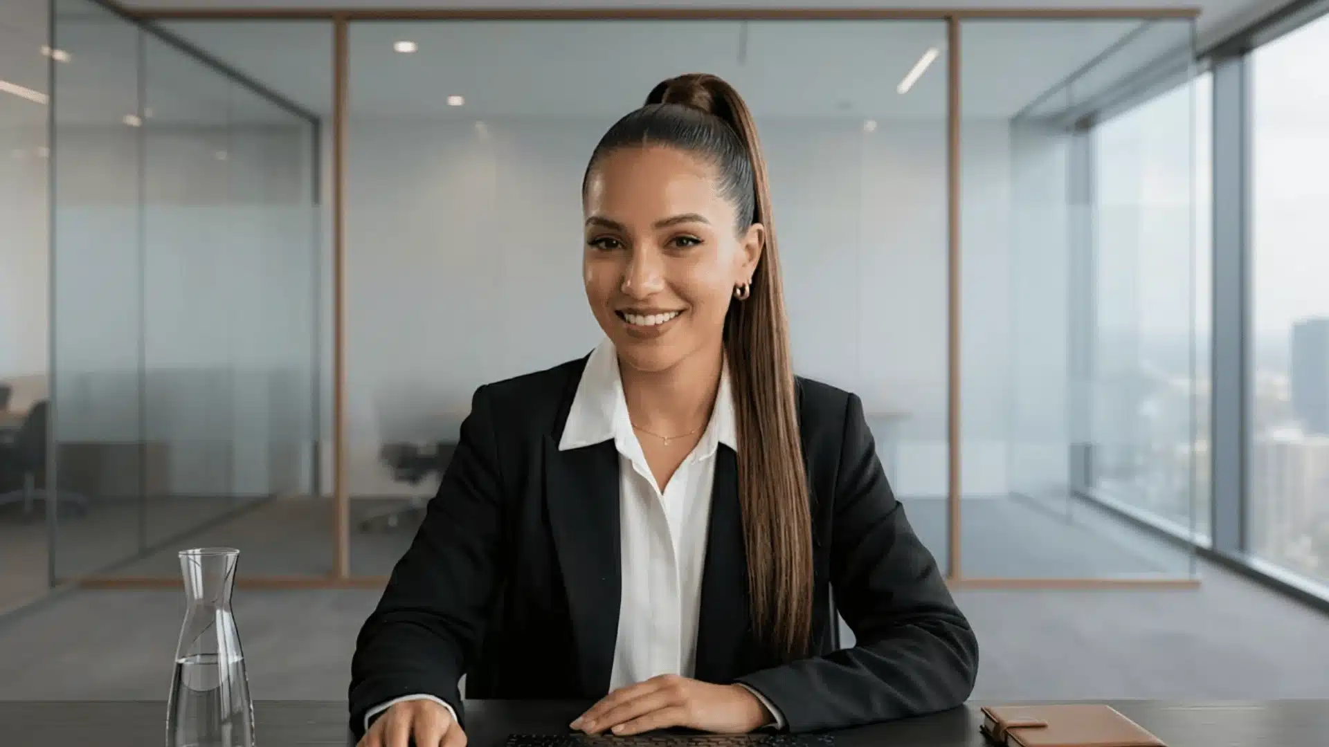 Rear view of a woman with a long, perfectly straight high ponytail in a tan blazer