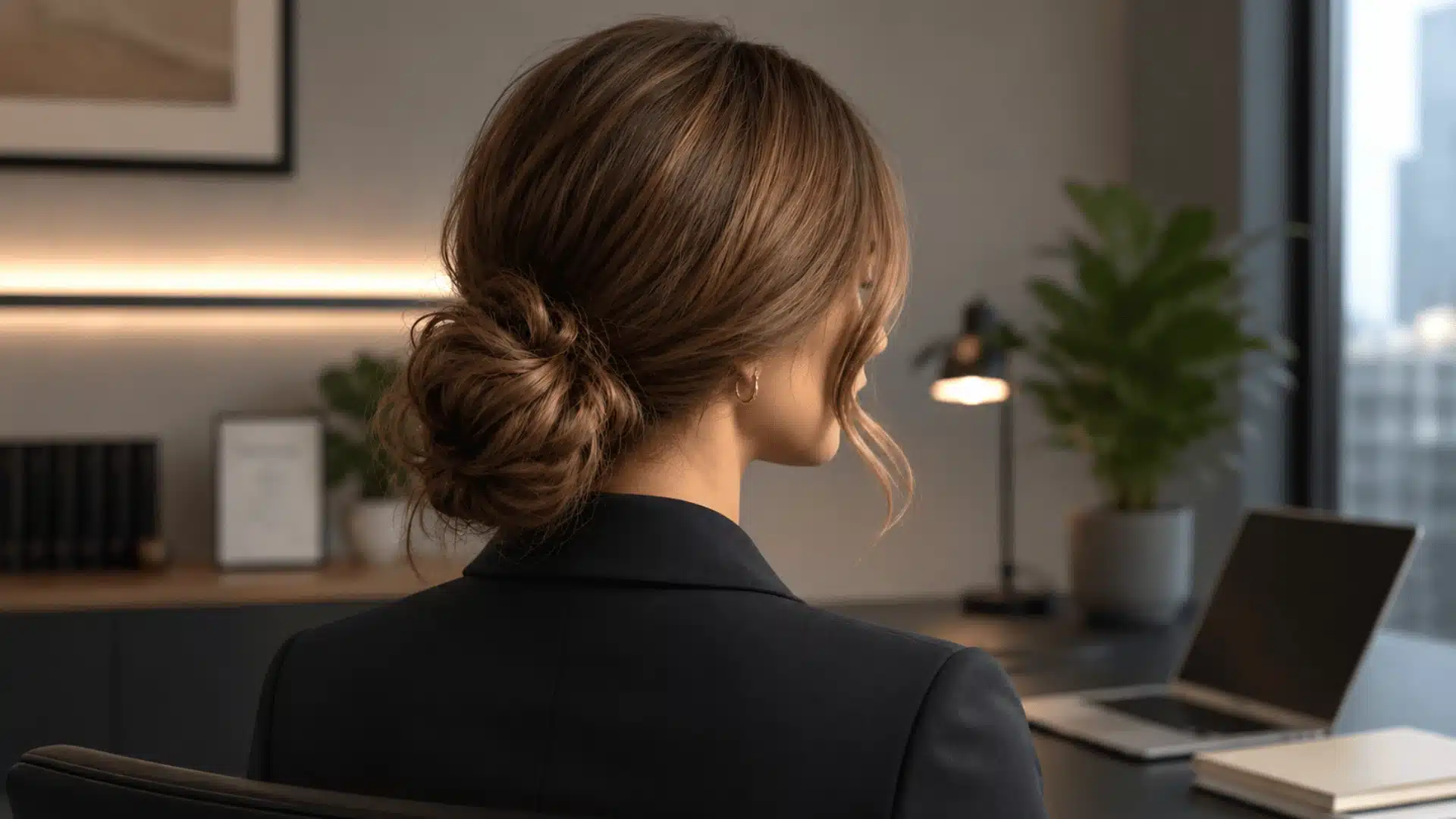 Rear view of a woman with a textured, low messy bun and loose face-framing strands