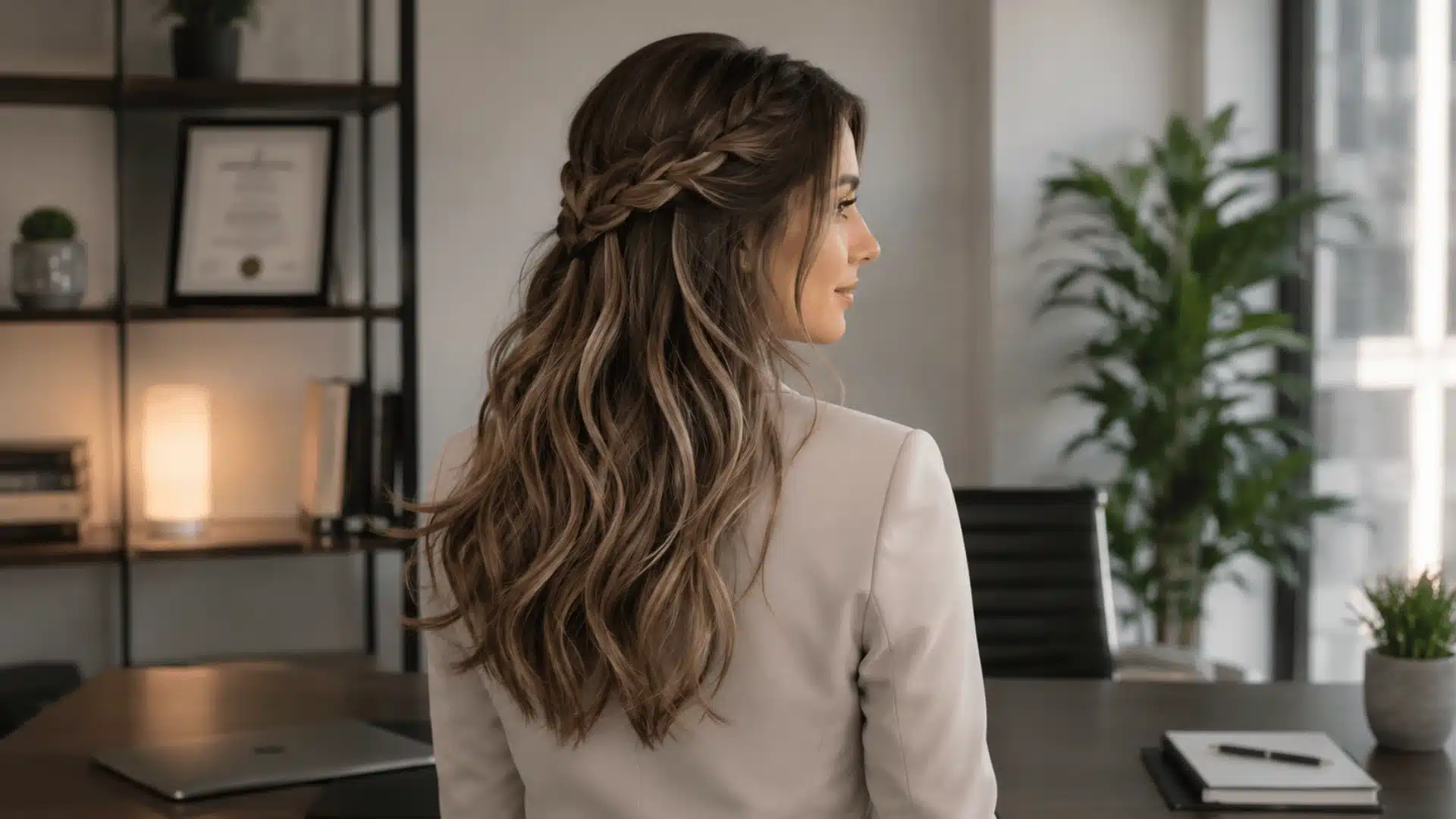 Rear view of a woman with long, blonde, wavy hair in a sleek low ponytail