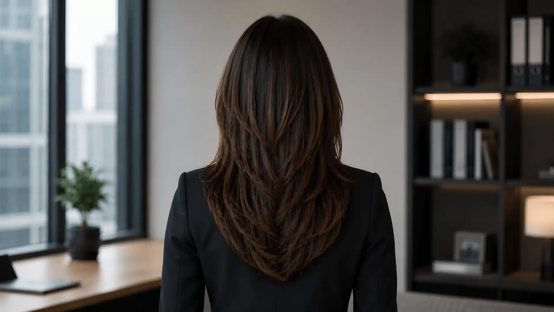 Rear view of a woman with long brunette hair in a voluminous, low curled ponytail