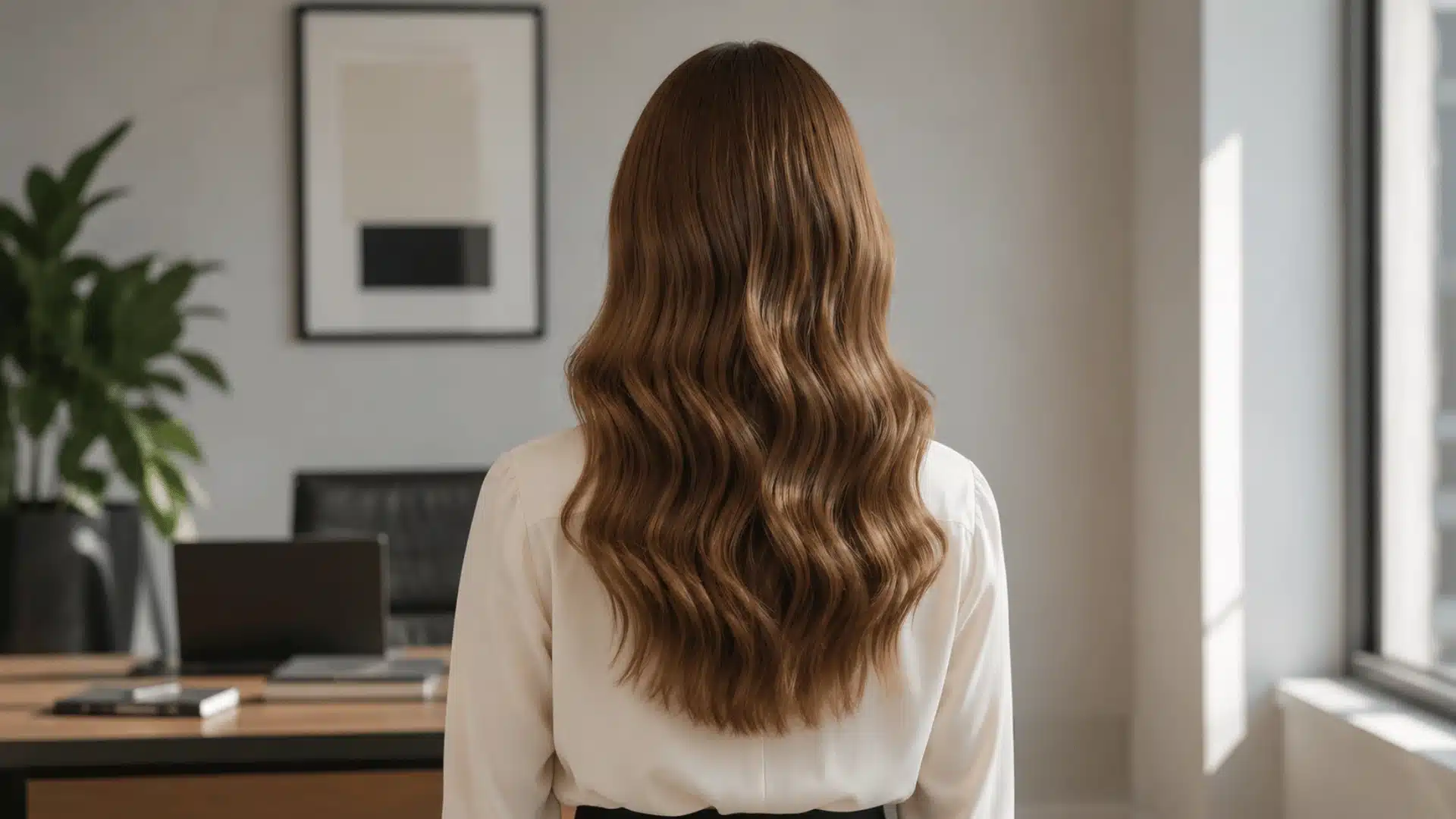 Rear view of a woman with long, voluminous brunette waves in an office