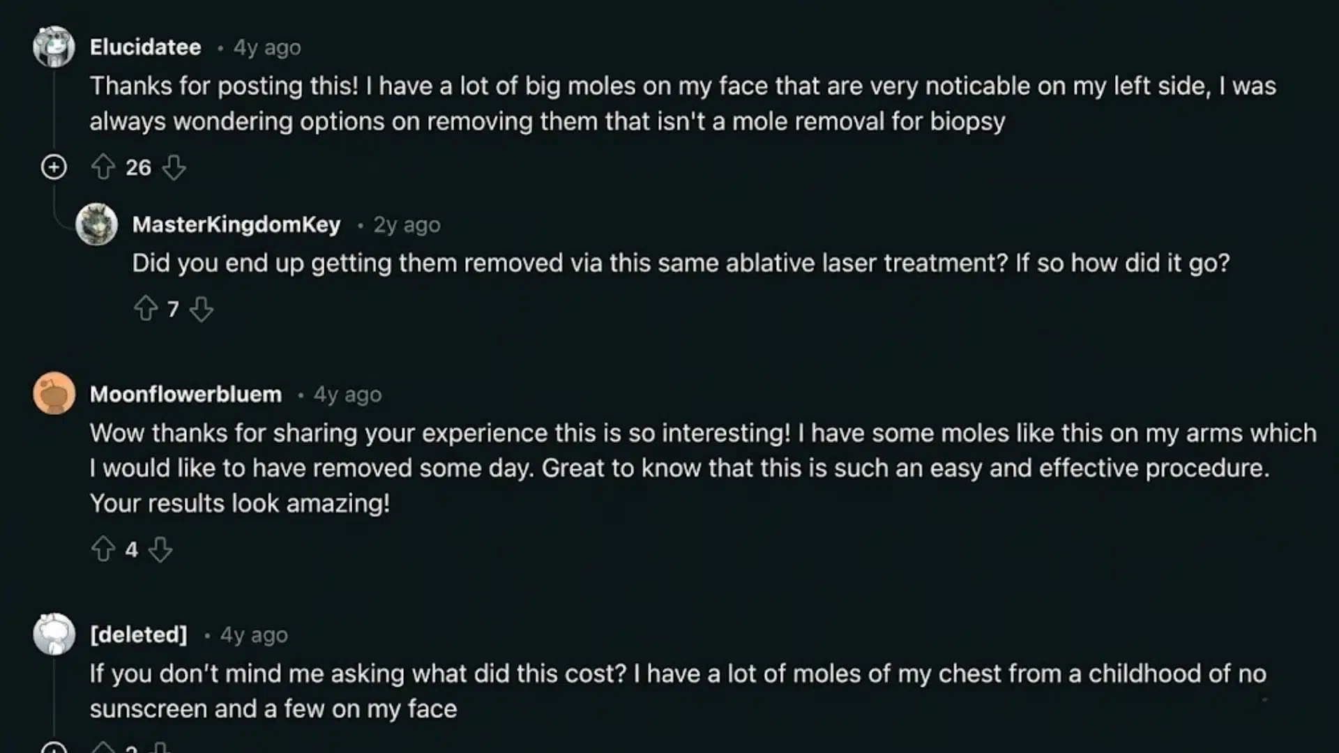 Reddit comments discussing laser mole removal results, cost, and treatment options for facial and arm moles