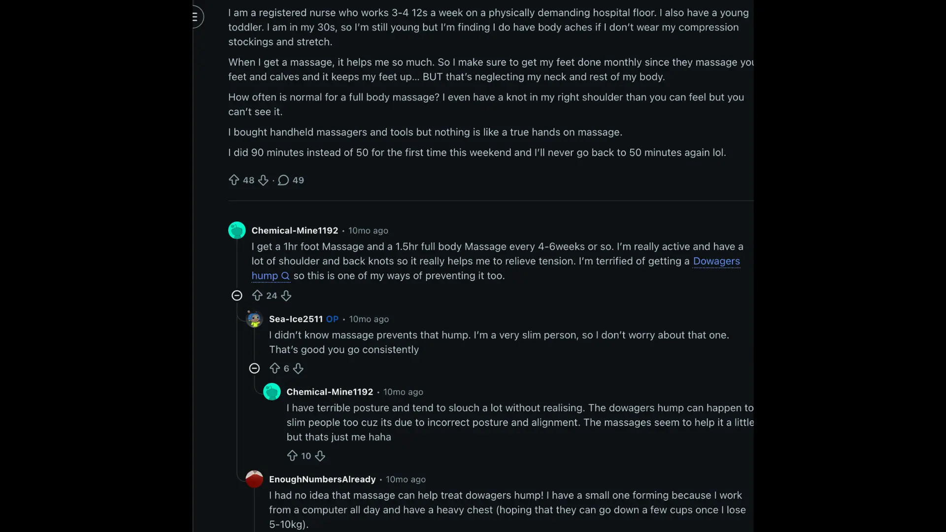 Reddit discussion about massage frequency