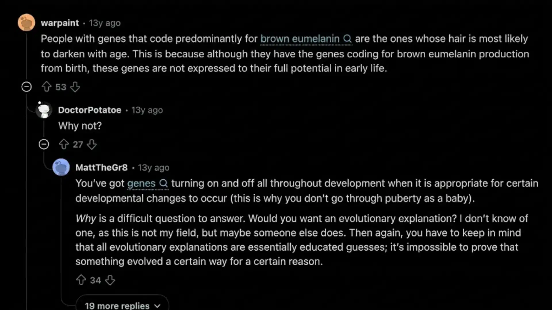 Reddit discussion explaining how genes and eumelanin affect blonde hair turning brown with age